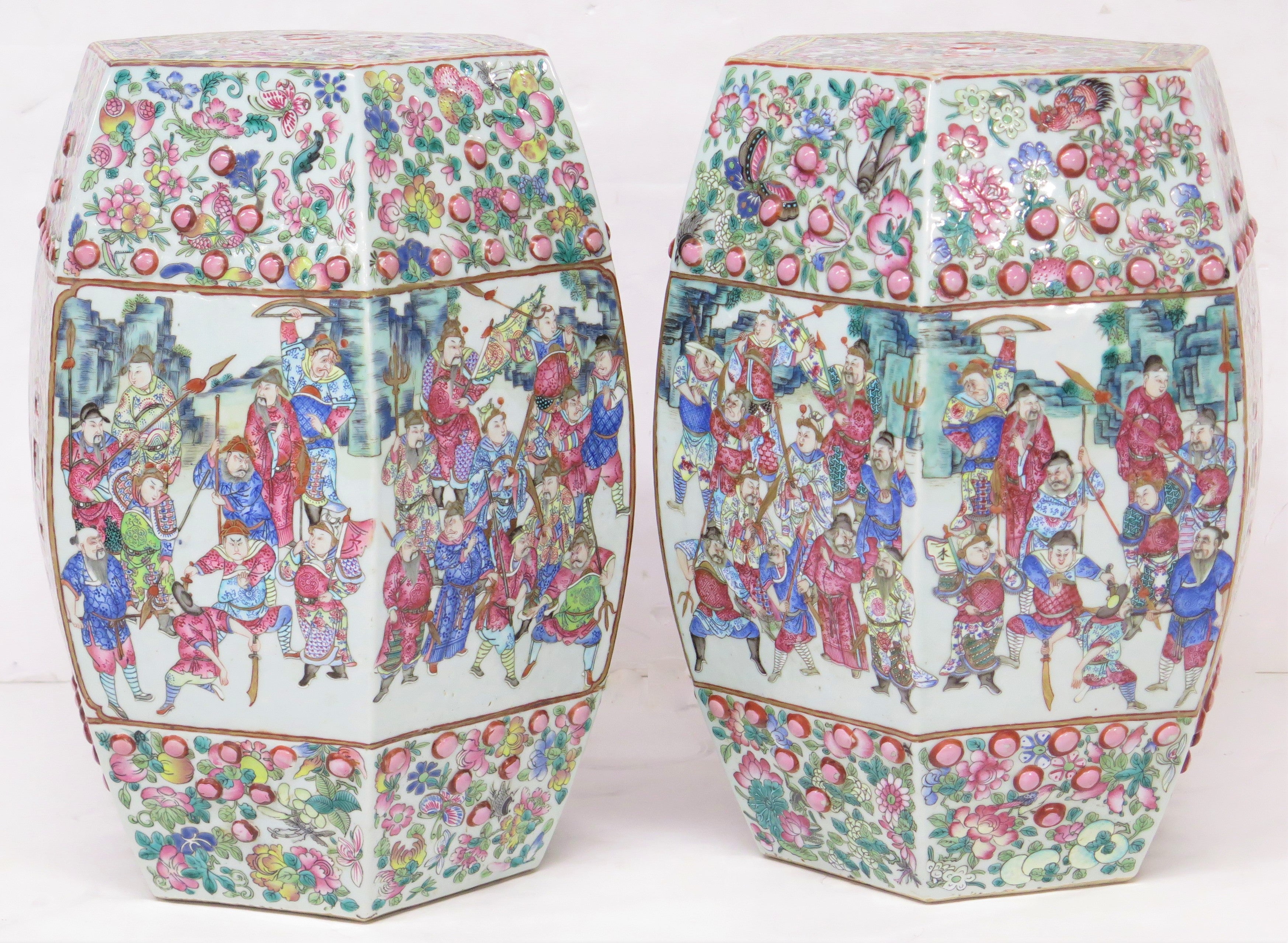 Pair of Antique Chinese Porcelain Faceted Barrel Shaped Garden Seats