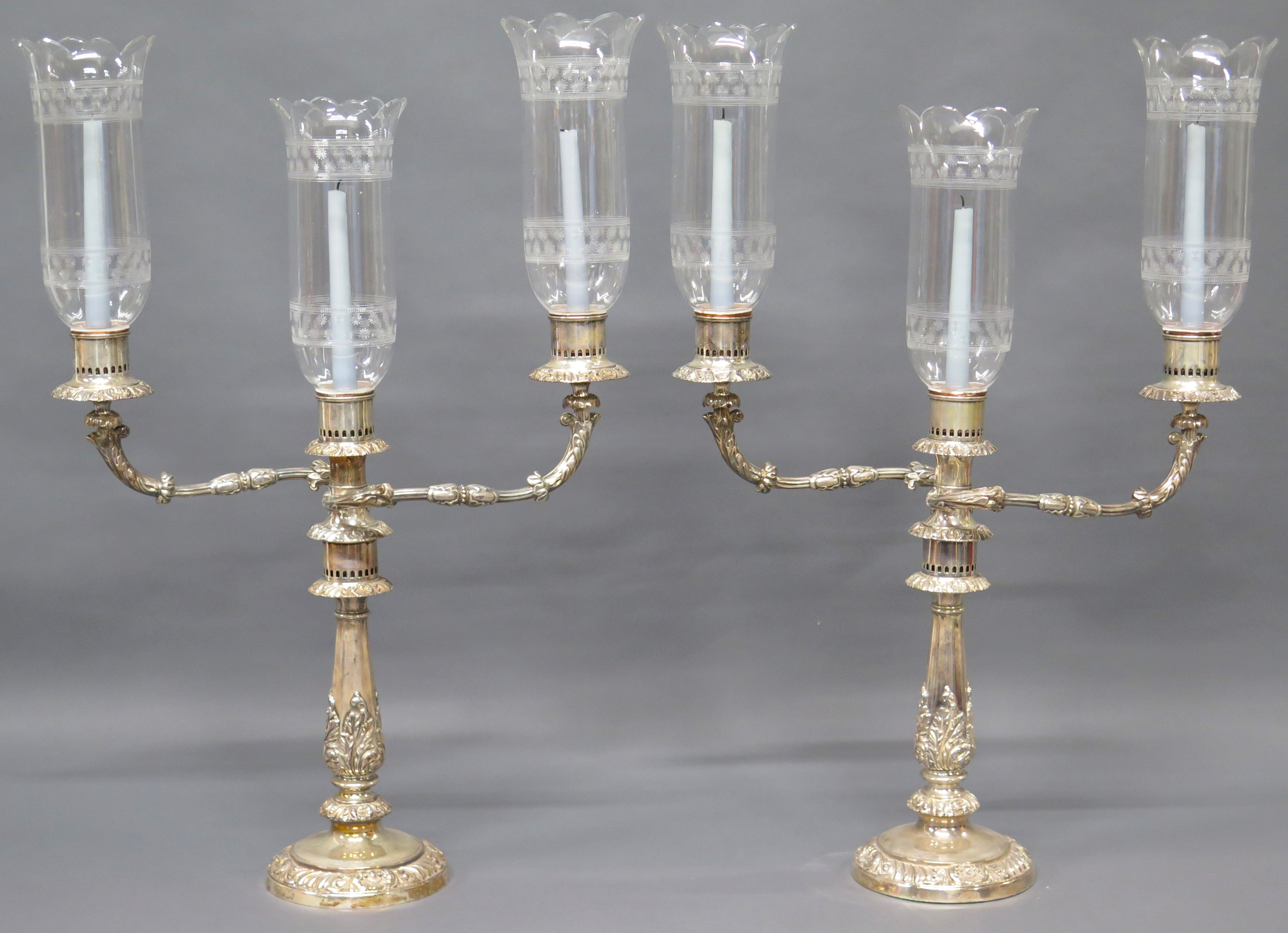 Sheffield Silver Candelabra with Etched Hurricane Shades