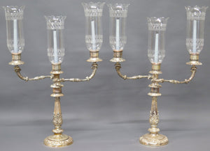 Sheffield Silver Candelabra with Etched Hurricane Shades