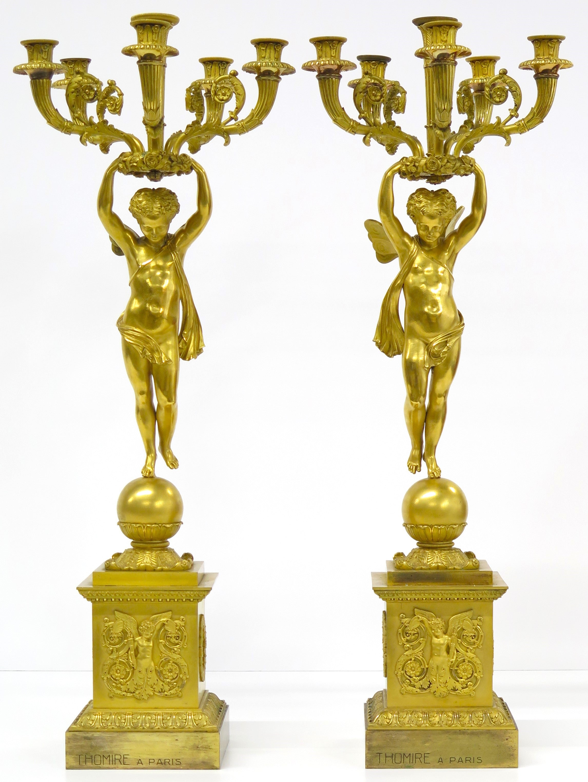 A Pair of French Empire Six Light Figural Candelabra