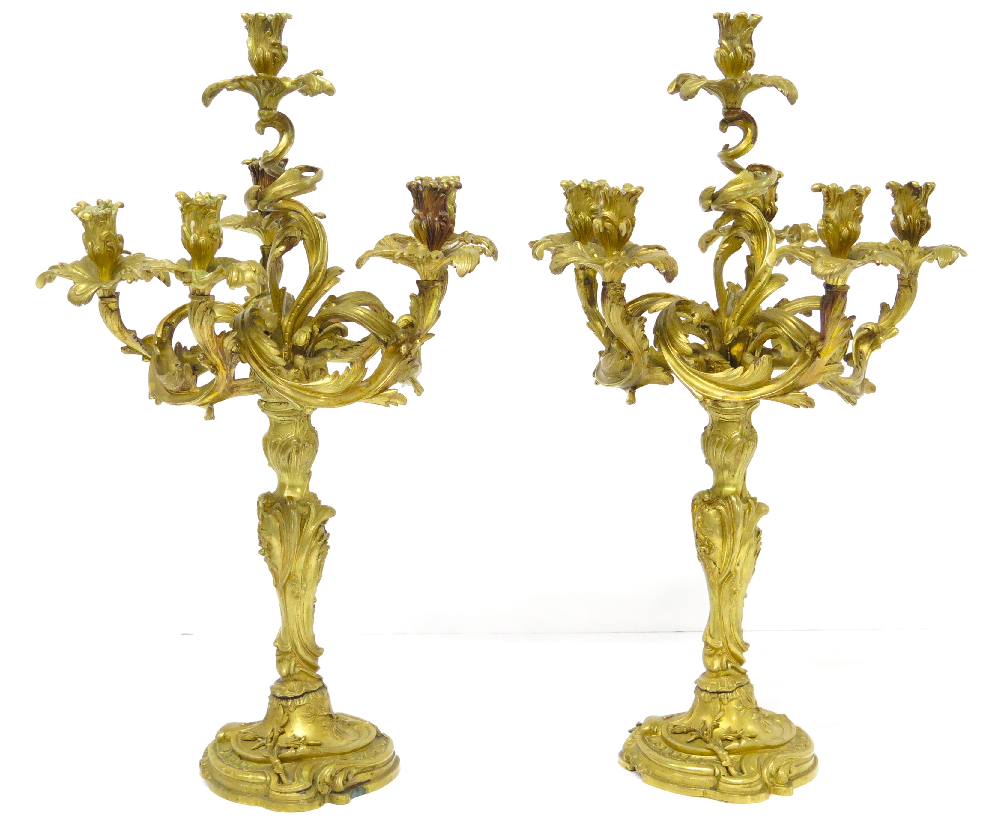 Pair of Beurdeley Louis XV-Style Gilt Bronze Six-Light Candelabra