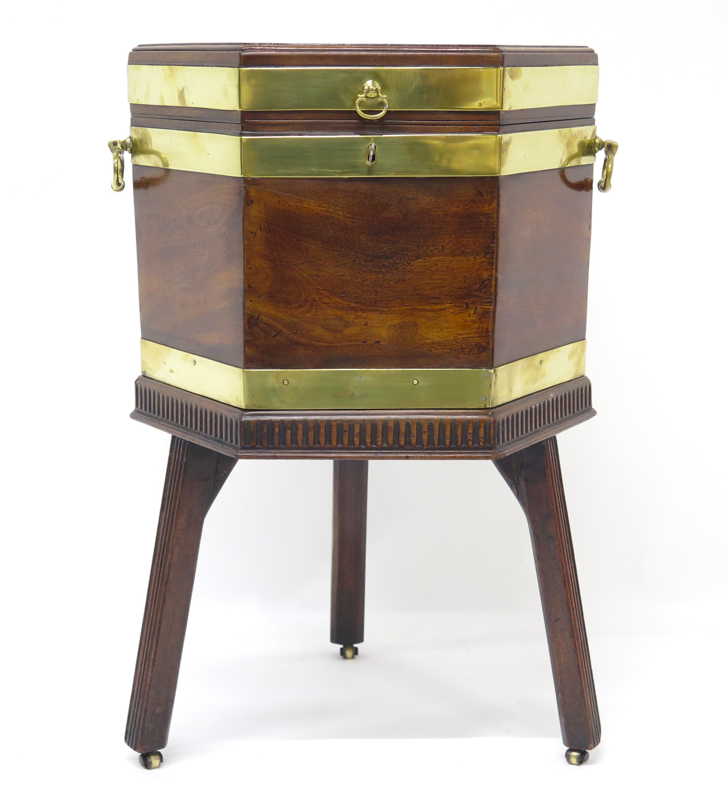 Georgian Mahogany Hexagonal Cellarette with Wide Brass Bands