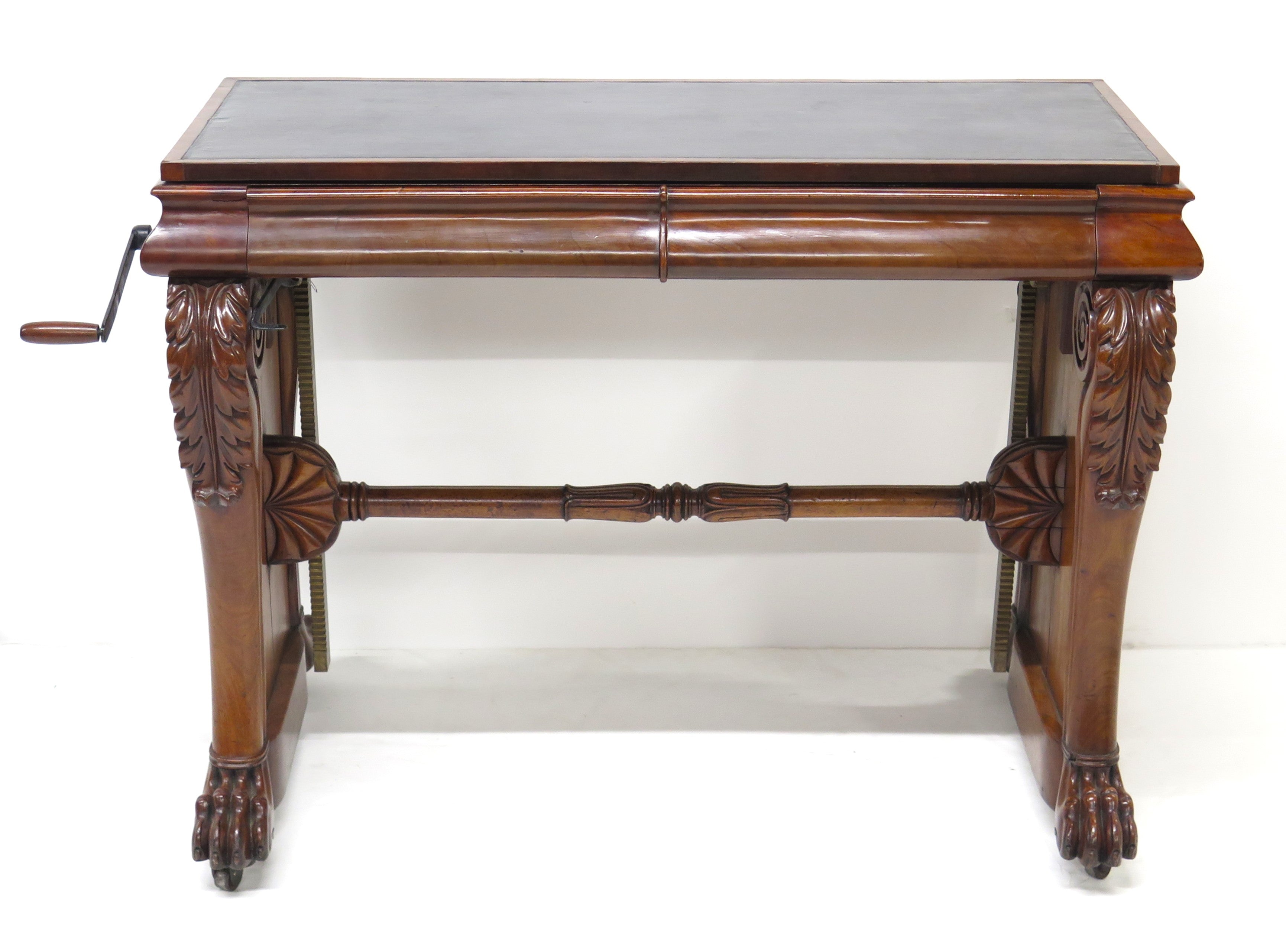 William IV Mahogany Stretcher Based Library Table with Black Leather Top