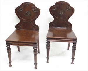 Pair of English Regency Monogrammed "R" Hall Chairs