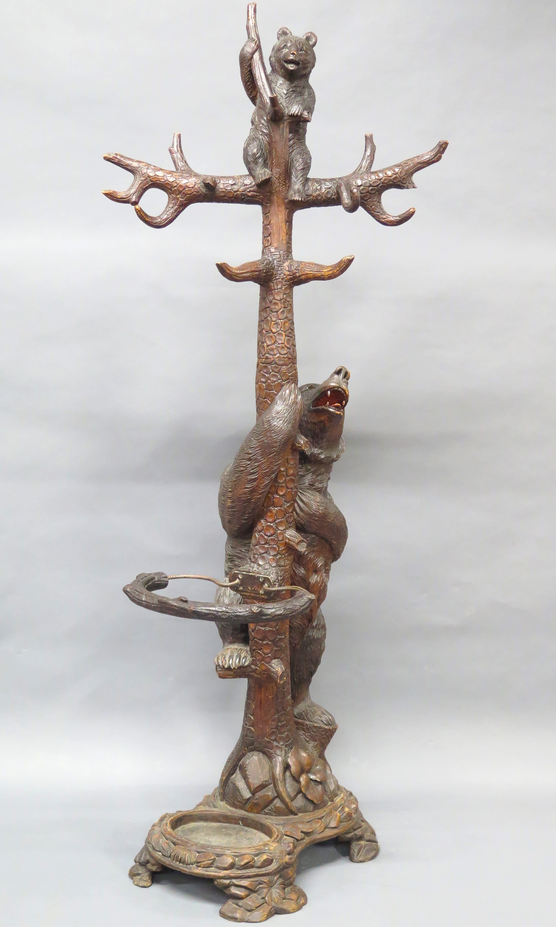Hand-Carved Brienz "Black Forest" Hall Stand with a Mama Bear and Cub
