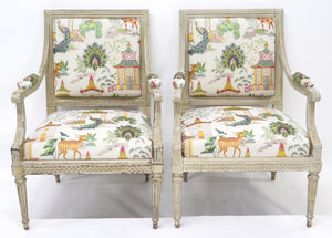 A Pair of Louis XVI Style Cream Colored Nicely Carved Fauteuils