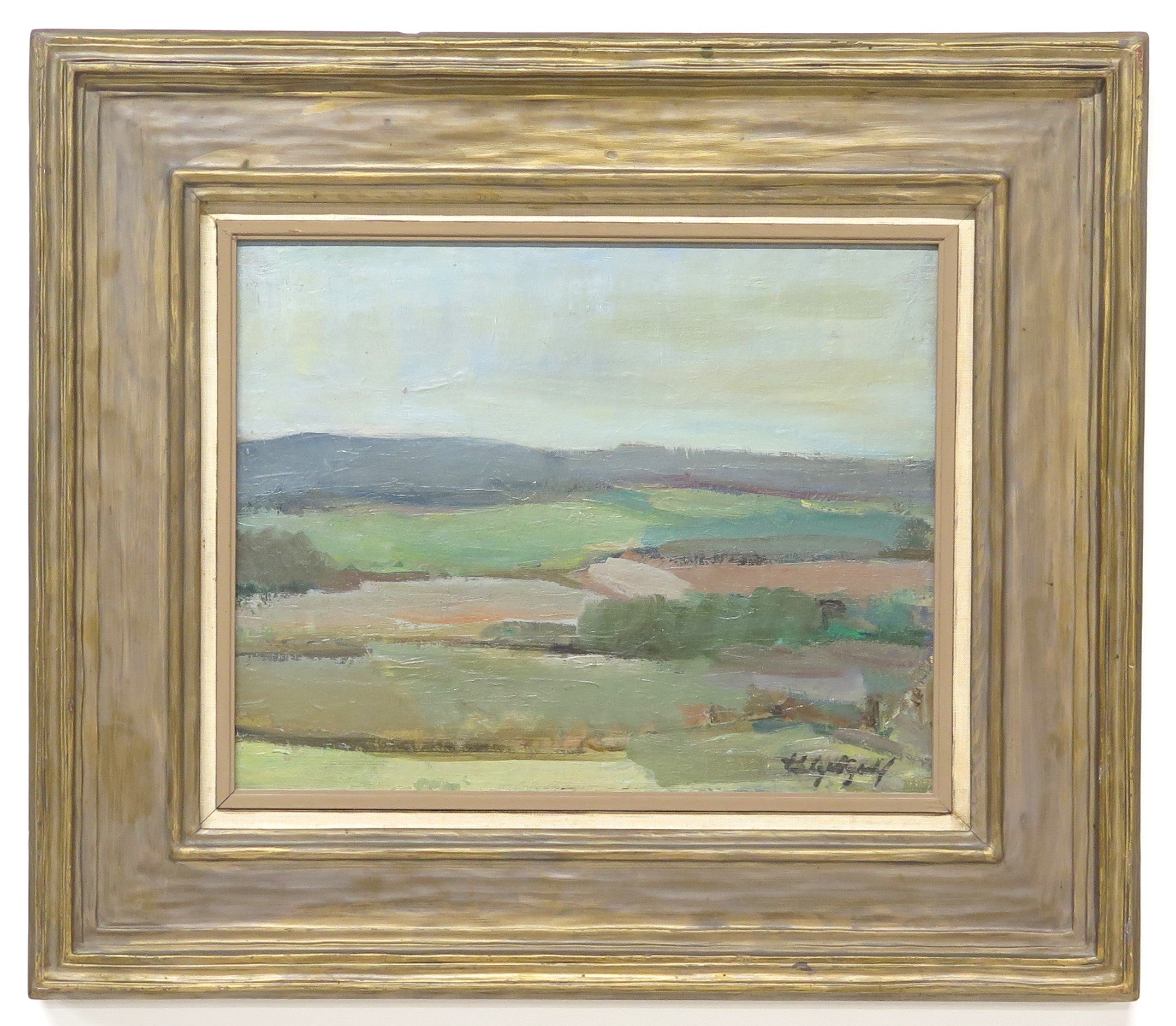 Mid-Century Rural Landscape / Green Fields Picture Framed