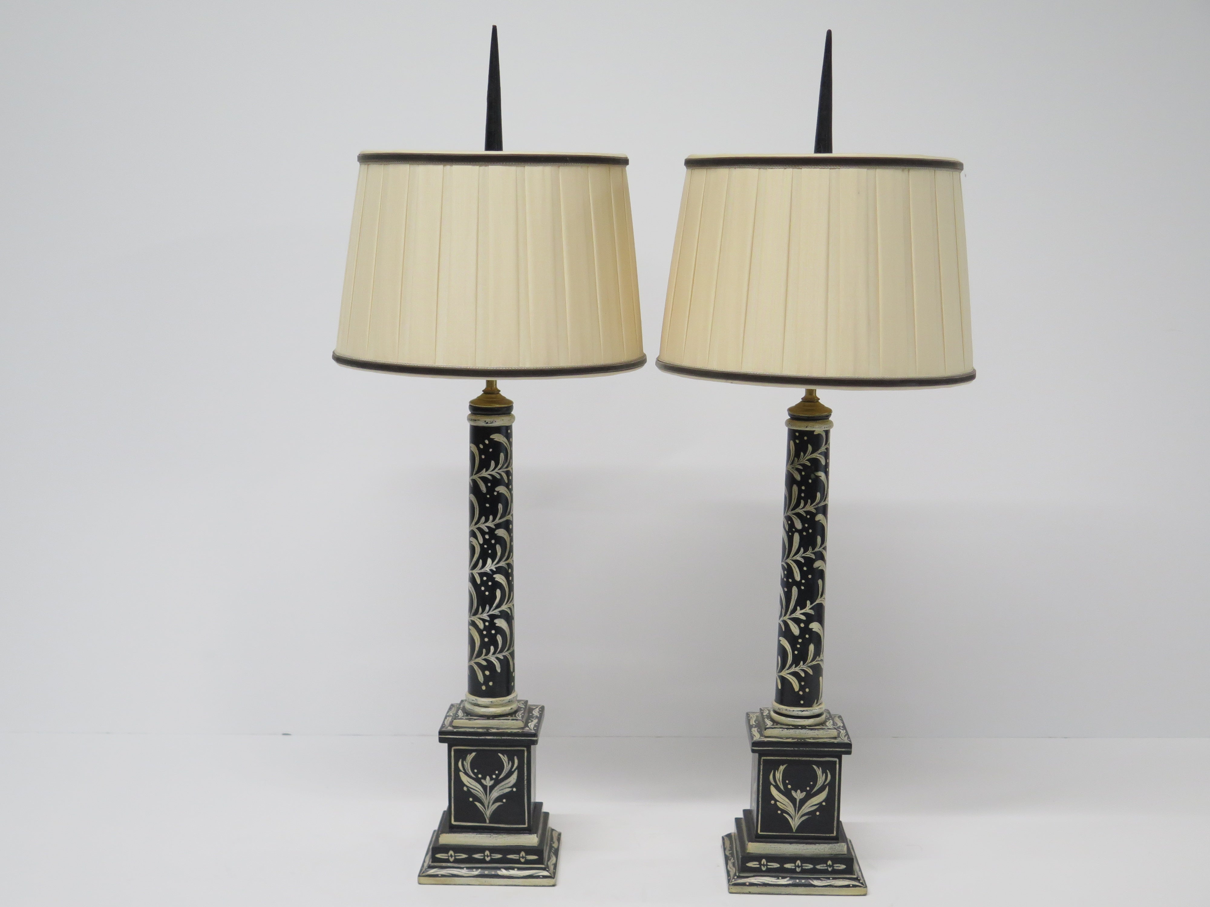 Pair of Black and White Painted Wooden Column Table Lamps