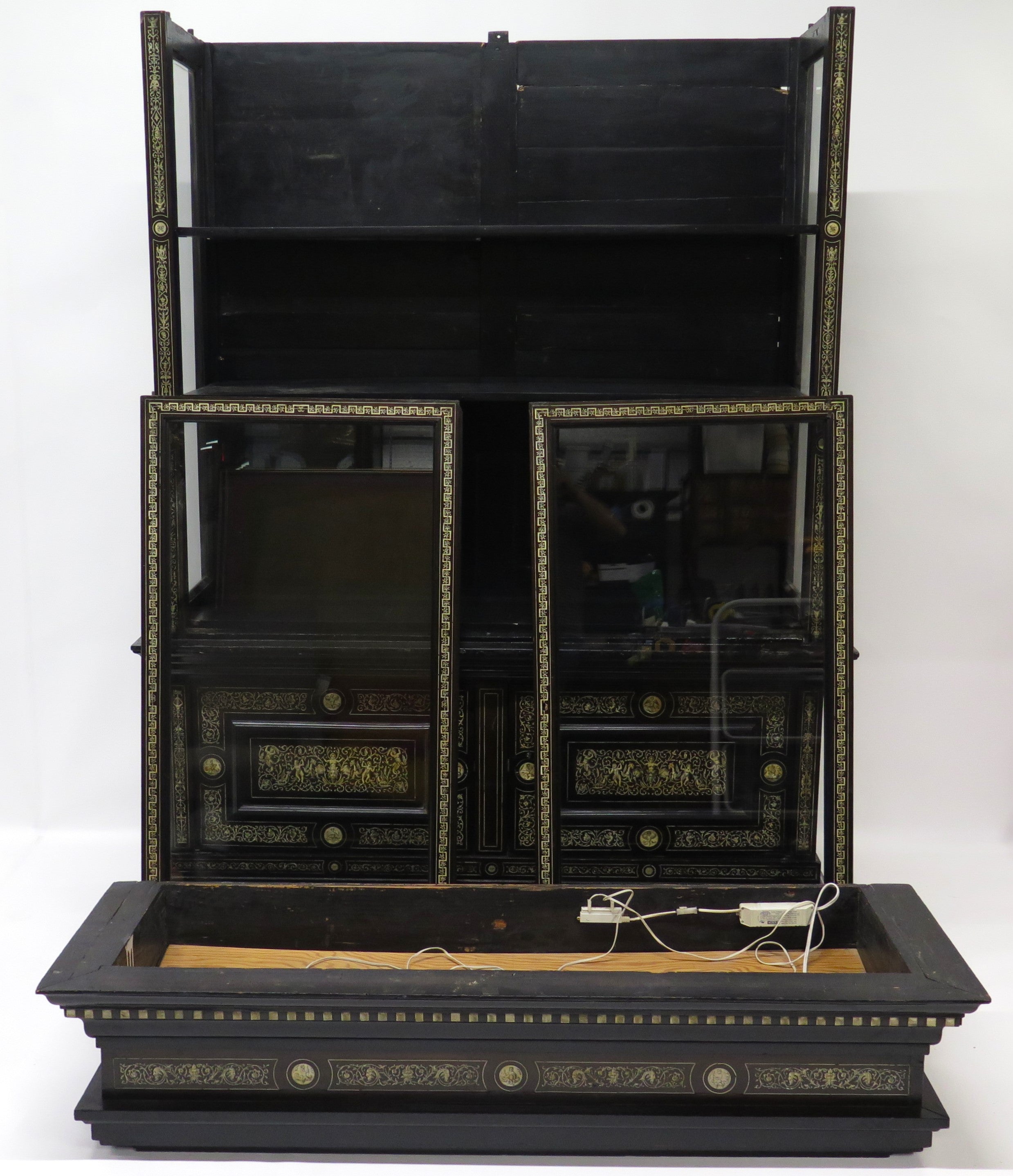 North Italian Ebonized Marquetry Inlaid Vitrine Cabinet Illuminated