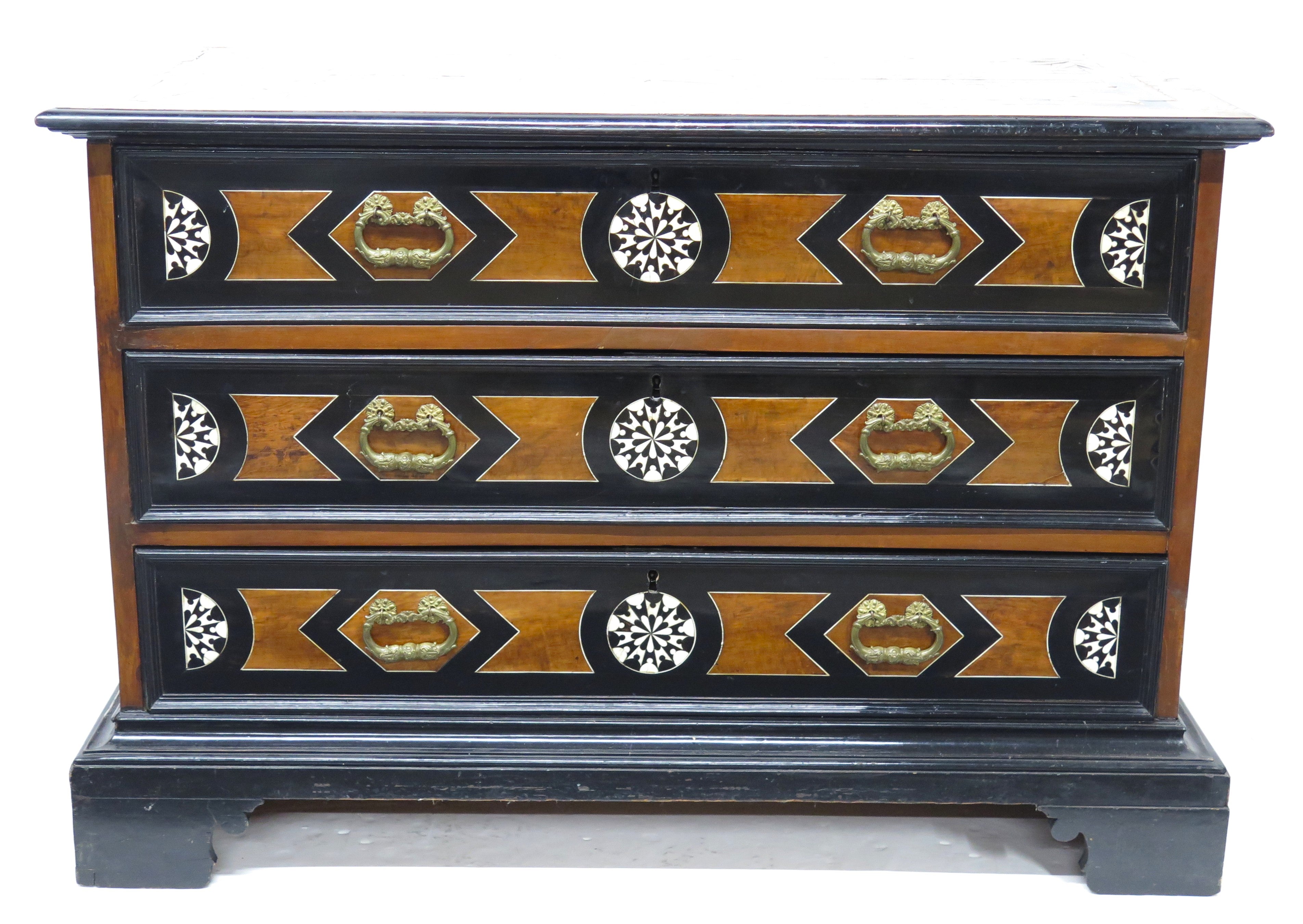 An Italian Ebonized Fruitwood and Bone Inlaid Thee Drawer Commode