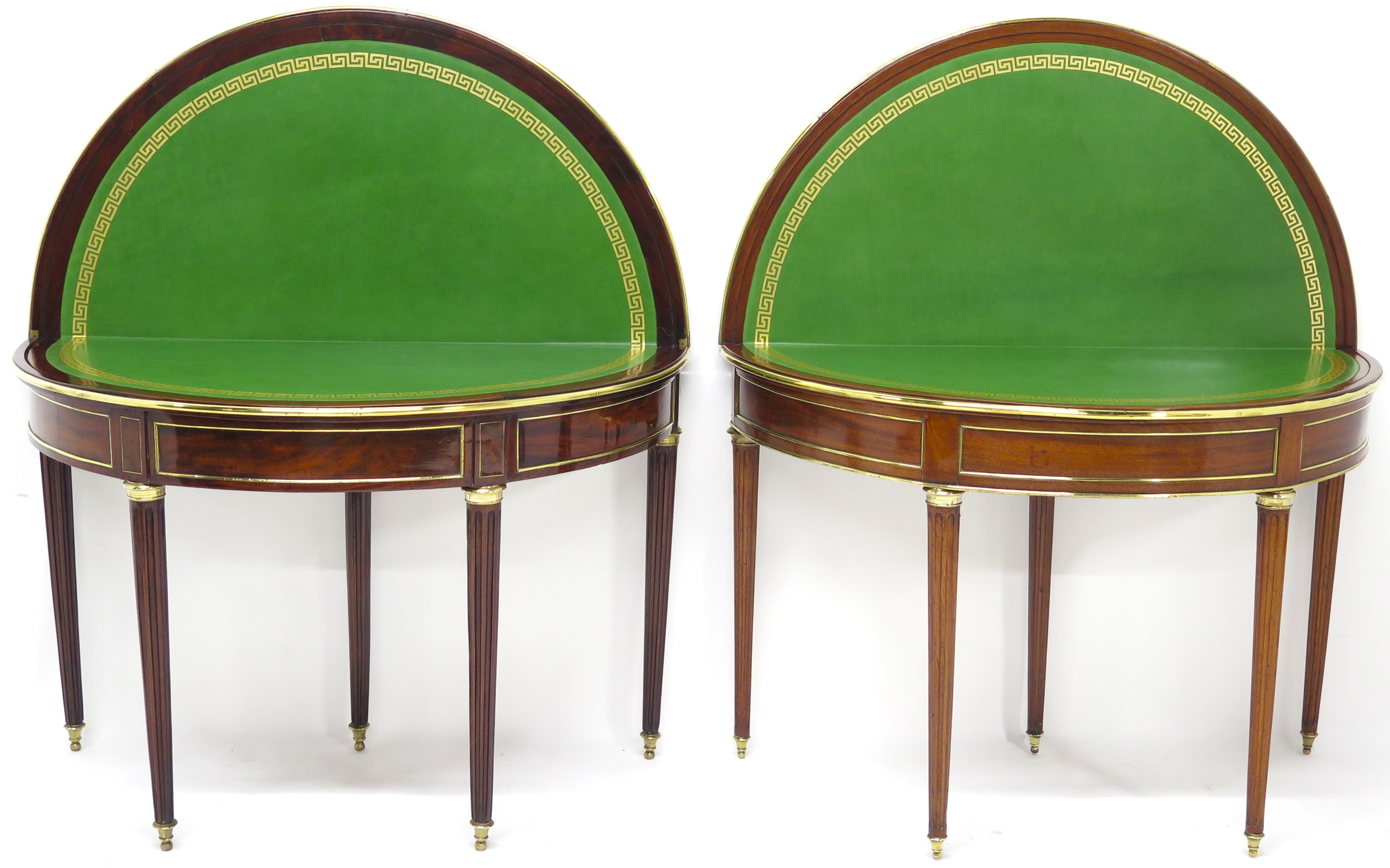 A Beatiful "Near" Pair of Louis XVI Style Mahogany and Brass Mounted Demilune Games Tables