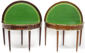 A Beatiful "Near" Pair of Louis XVI Style Mahogany and Brass Mounted Demilune Games Tables
