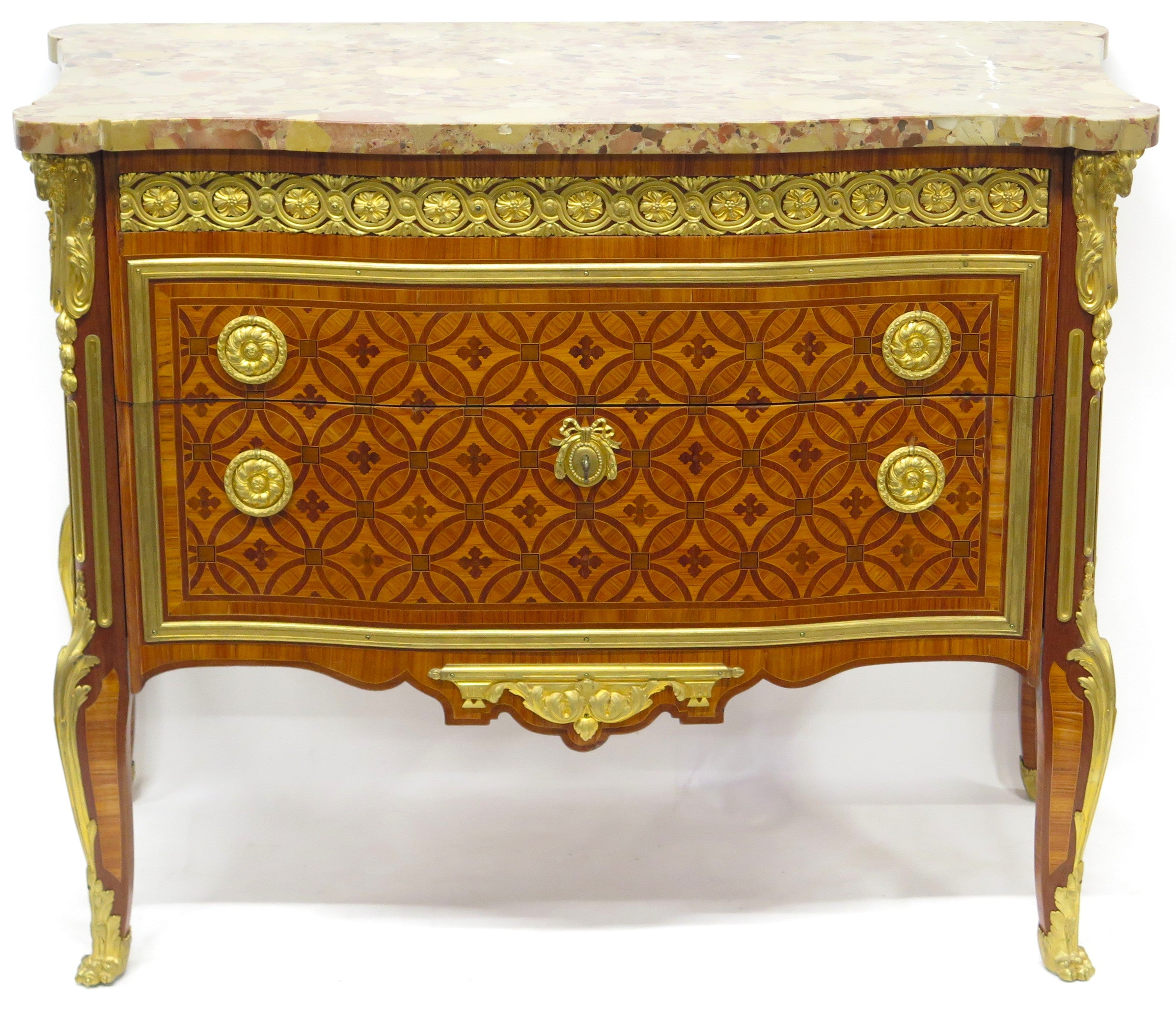 Transitional-Style Ormolu Mounted Parquetry Commode in the Manner of R ...