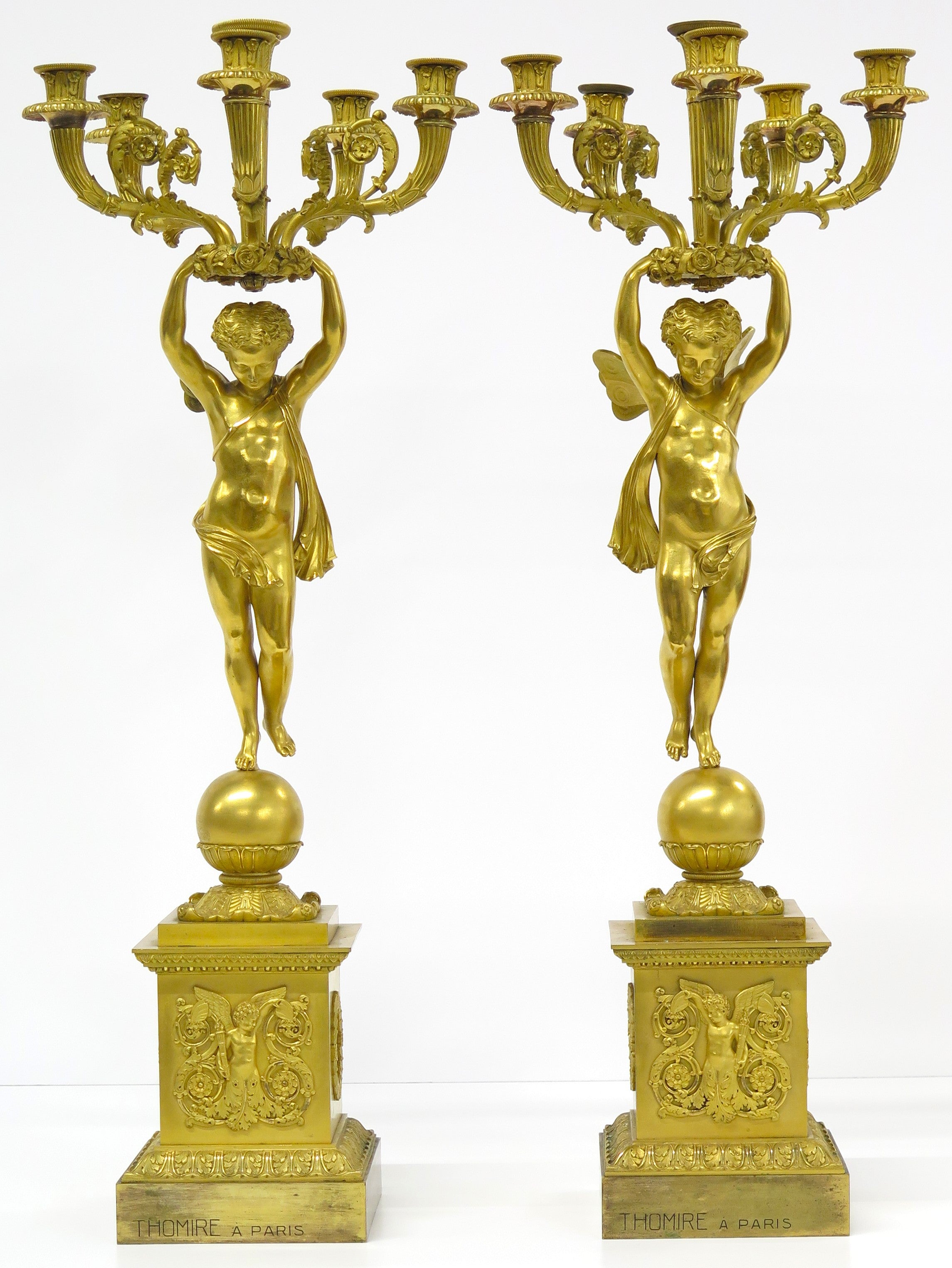 A Pair of French Empire Six Light Figural Candelabra