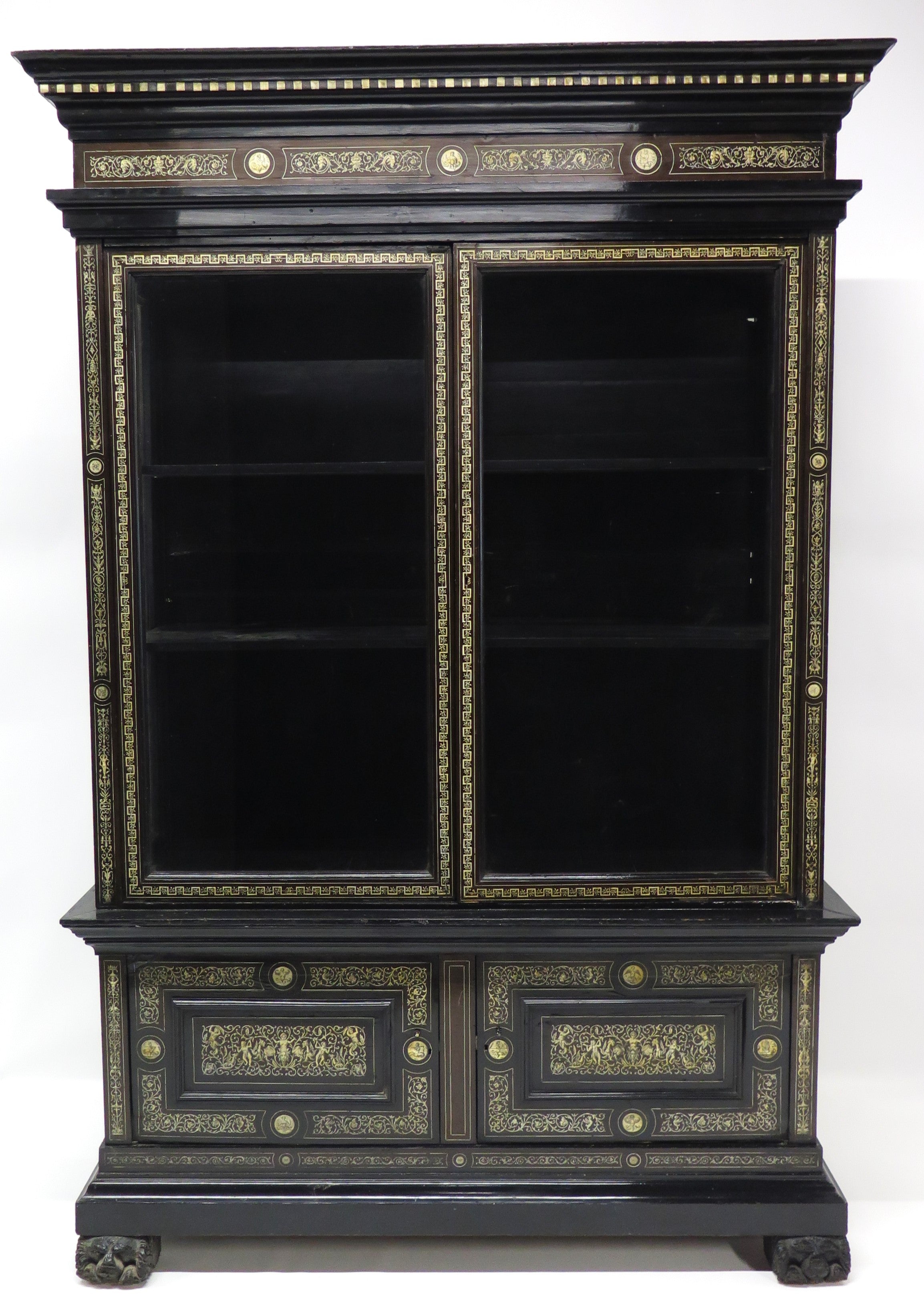 North Italian Ebonized Marquetry Inlaid Vitrine Cabinet Illuminated