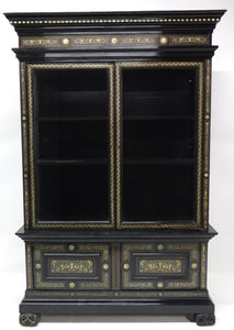 North Italian Ebonized Marquetry Inlaid Vitrine Cabinet Illuminated