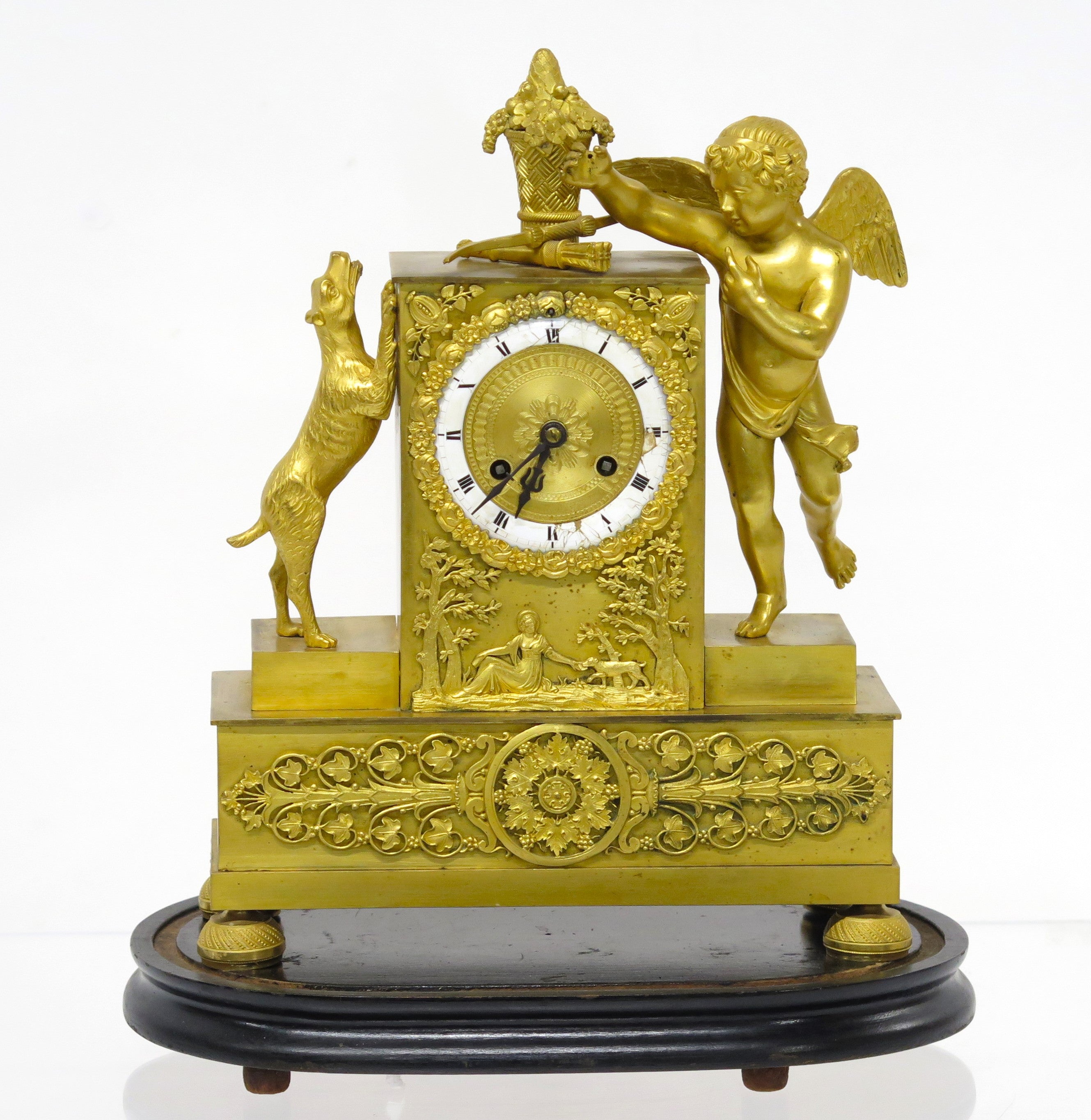 Charles X Gilt Bronze Mantel Clock with Cupid and a Dog Stamped Bechot