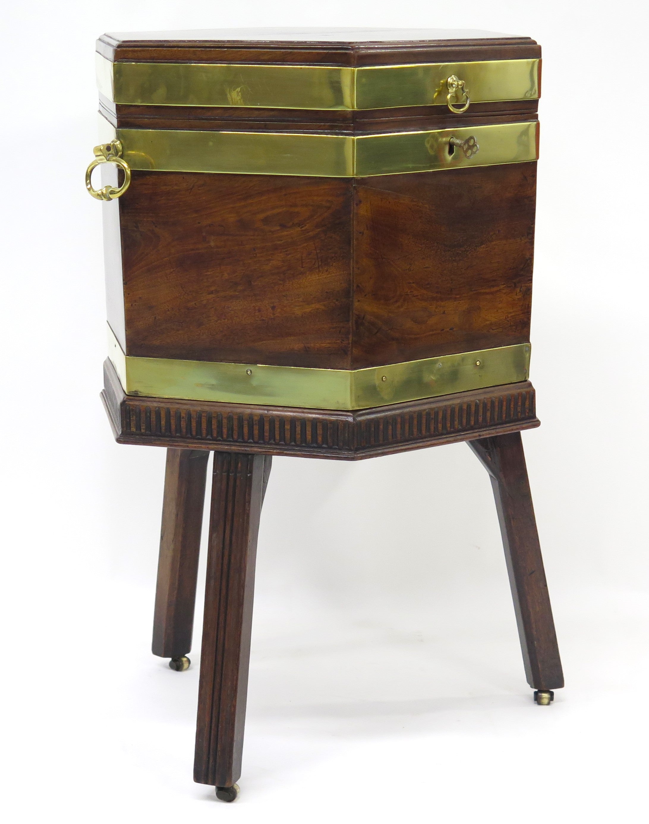 Georgian Mahogany Hexagonal Cellarette with Wide Brass Bands