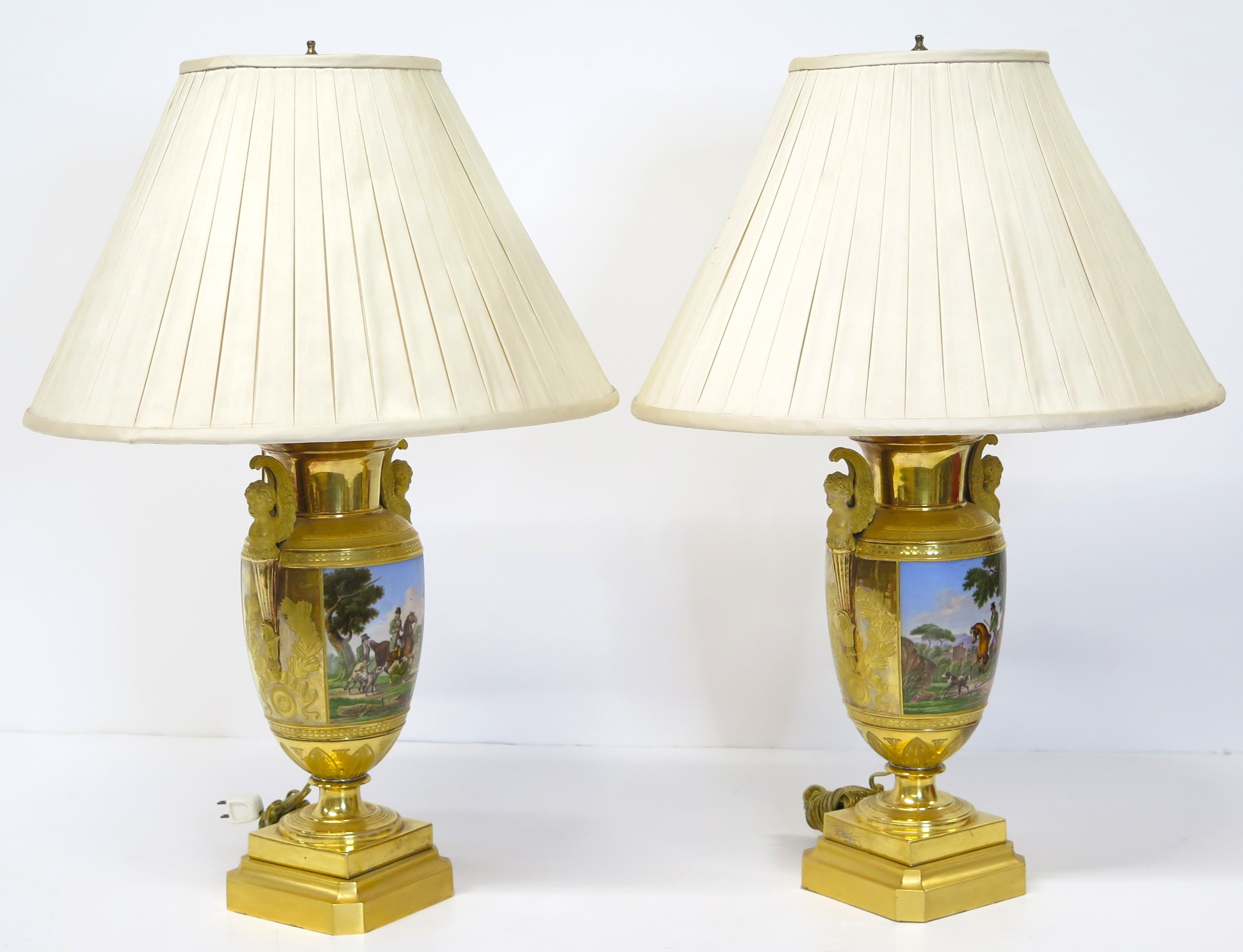 Pair of Gilt Bronze and "Old Paris" Porcelain Neoclassical Table Lamps