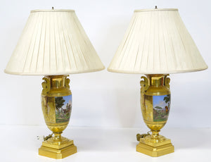 Pair of Gilt Bronze and "Old Paris" Porcelain Neoclassical Table Lamps