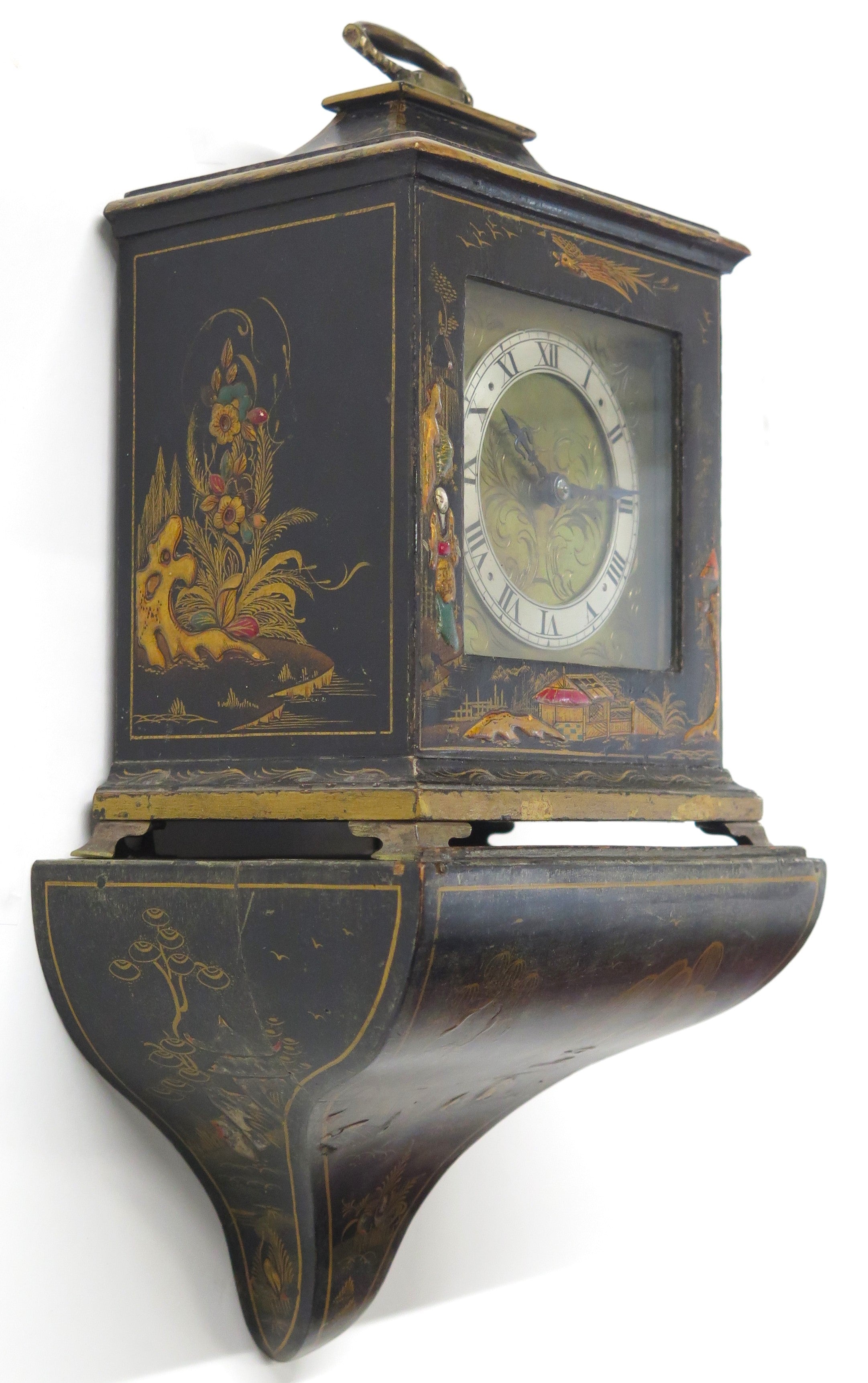A Charming French Black Lacquer Chinoisorie Japanned Bracket Clock