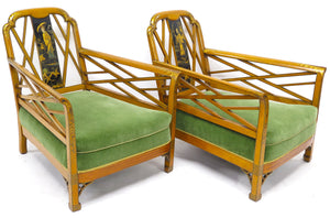 Pair of Satinwood Lounge Chairs in a Chinese-Chippendale-Style