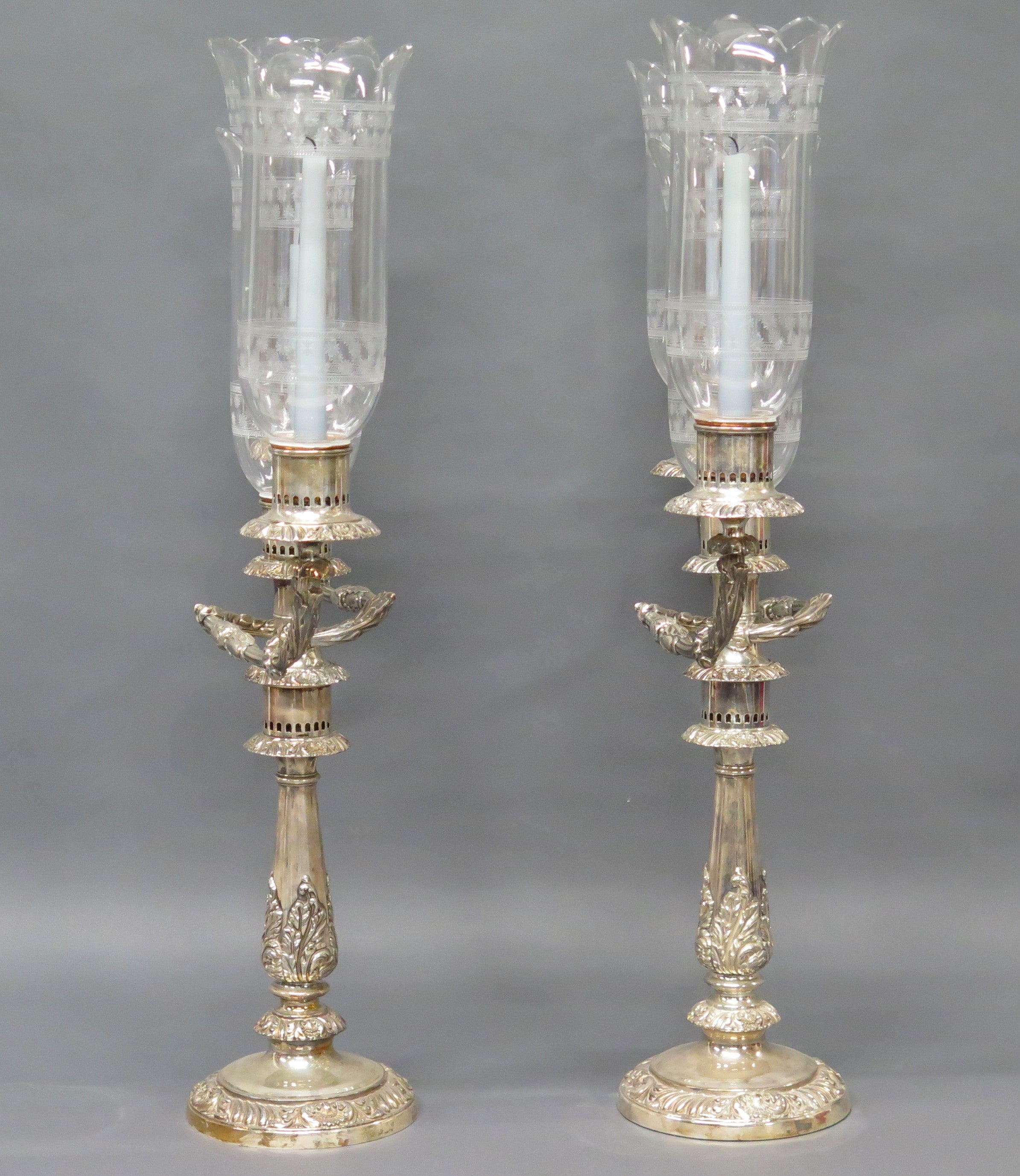 Sheffield Silver Candelabra with Etched Hurricane Shades