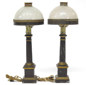 Pair of Tole Carcel "Sinumbra" Table Lamps with Etched Glass Shades