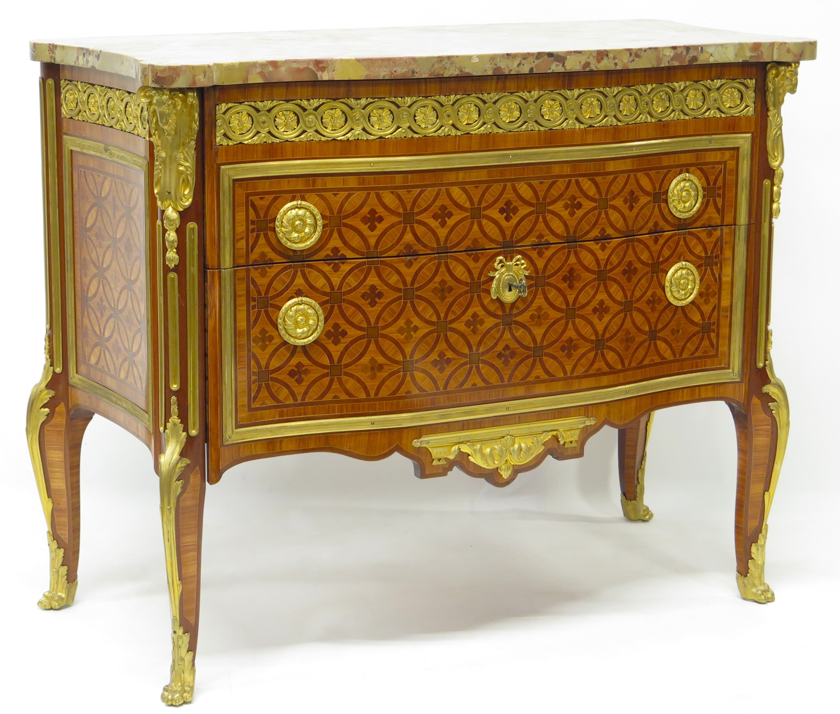 Transitional-Style Ormolu Mounted Parquetry Commode in the Manner of R ...