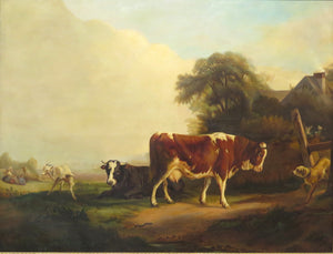 Large Oil on Canvas of a Landscape with Cows, Goats and a Dog. by Jacques Raymond Brascassat