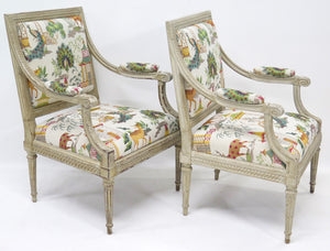 A Pair of Louis XVI Style Cream Colored Nicely Carved Fauteuils