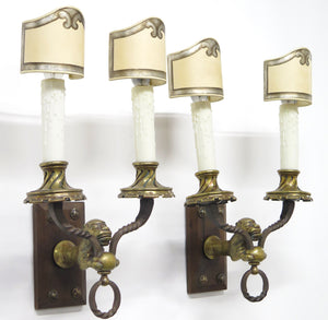 A Pair of Early 20th C. Hand Wrought Iron Two Light Sconces