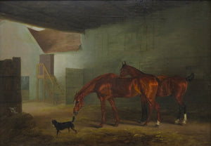 English School Oil on Canvas Depicting Horses and Dogs in a Stable