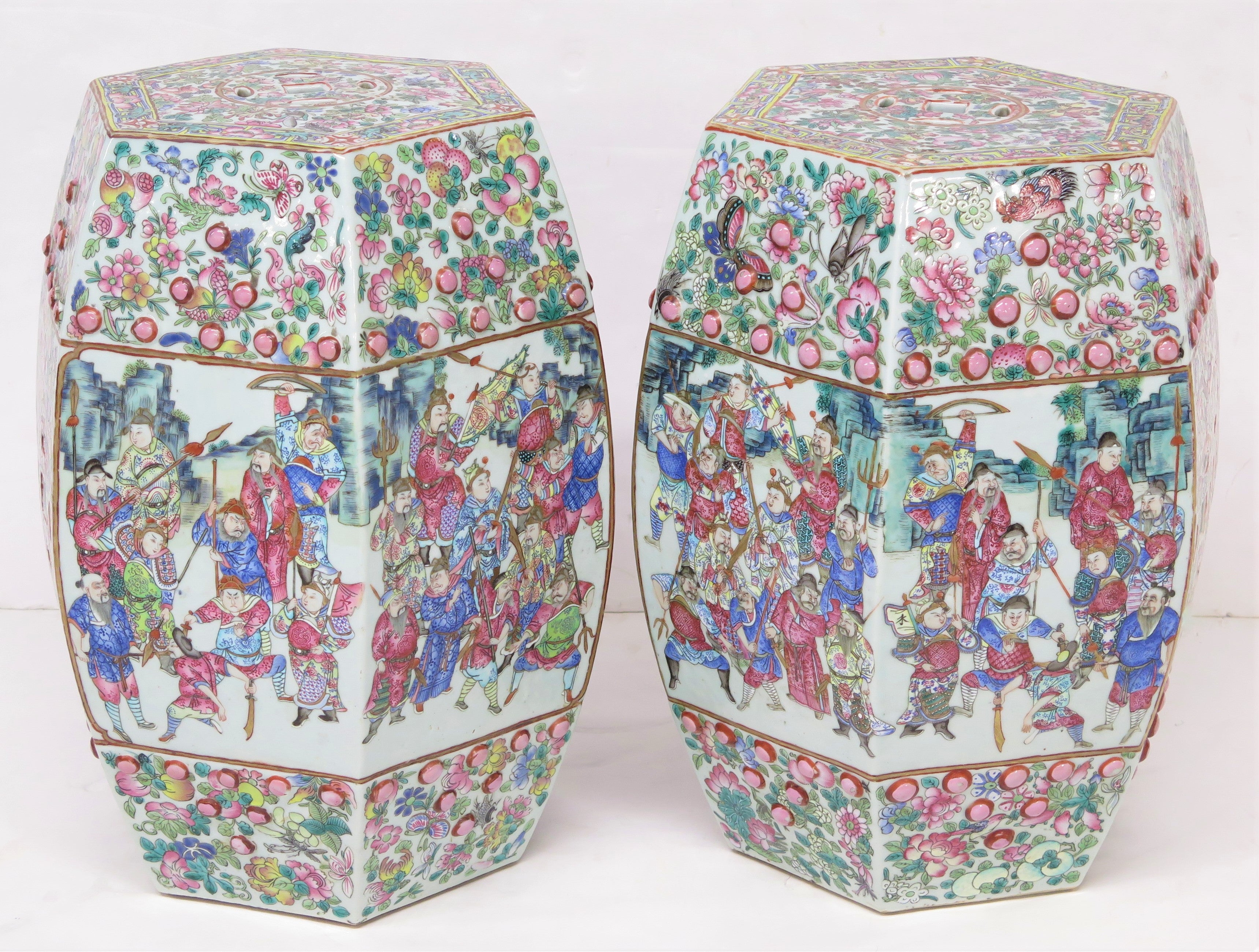 Pair of Antique Chinese Porcelain Faceted Barrel Shaped Garden Seats