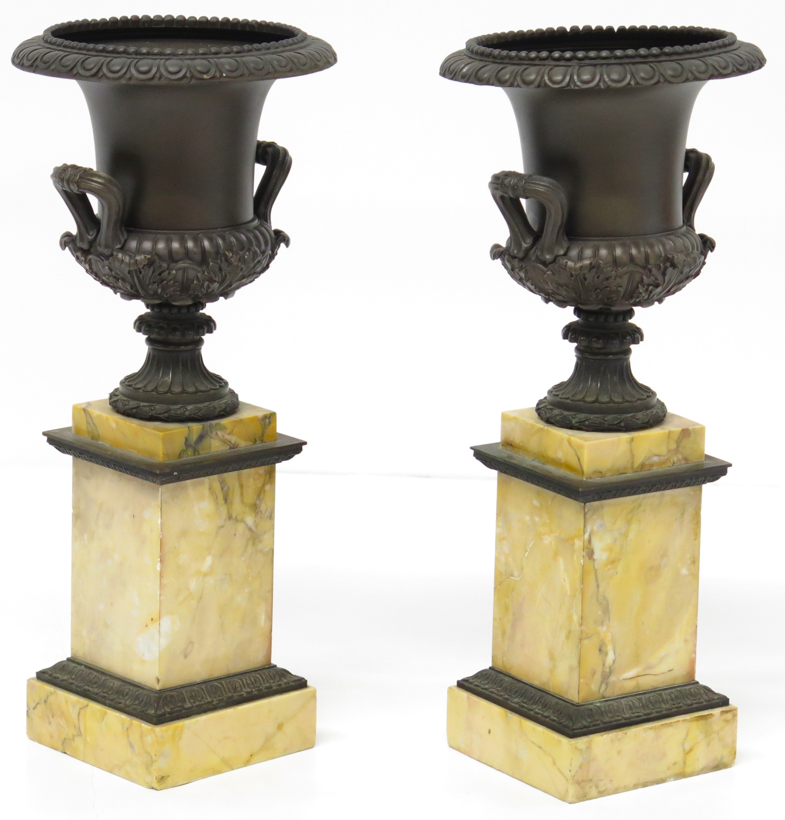 A Pair of French Restoration Patinated Bronze and Siena Marble Vases