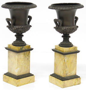 A Pair of French Restoration Patinated Bronze and Siena Marble Vases