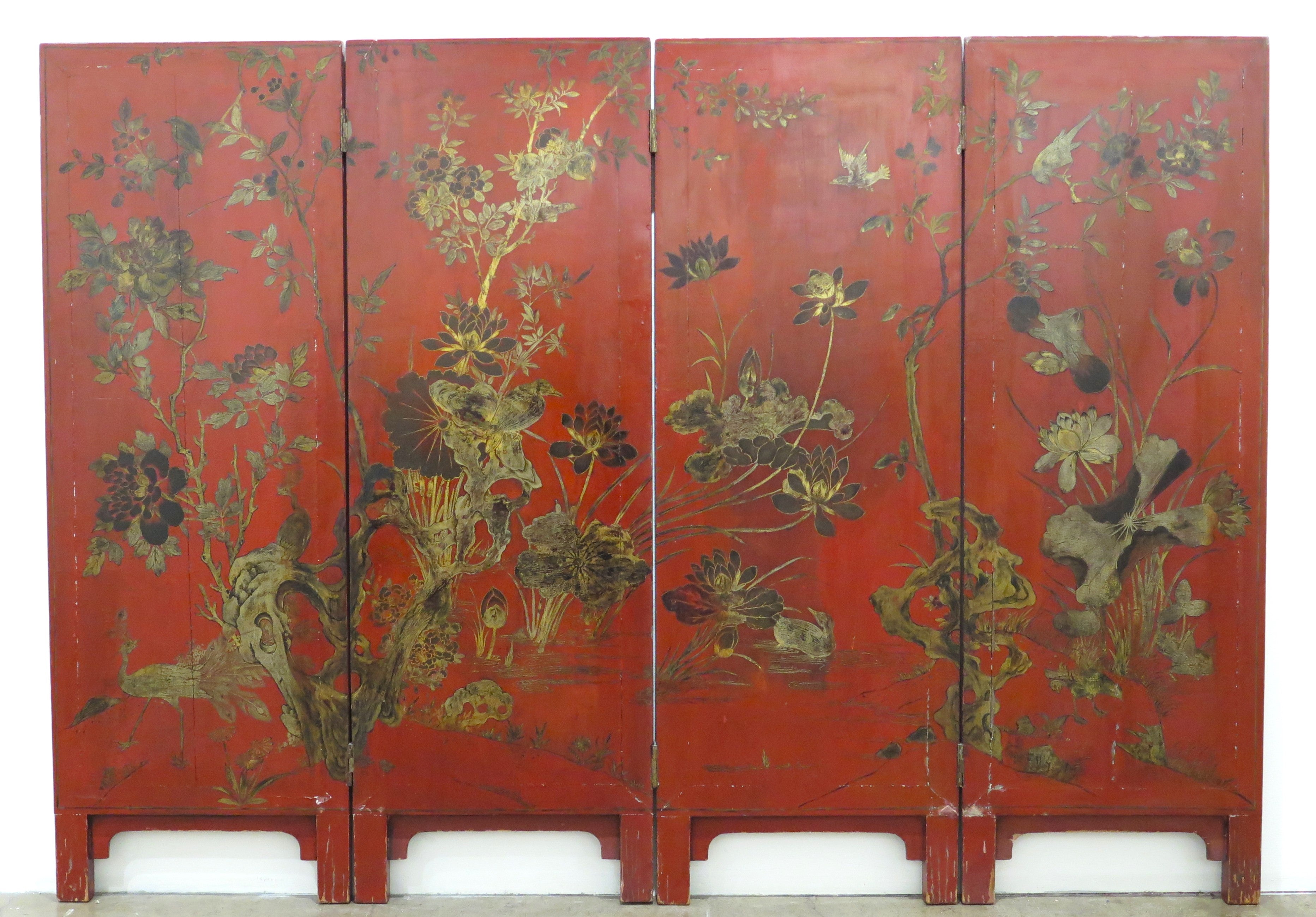 A Red Lacquered Chinese Export Four Panel Screen