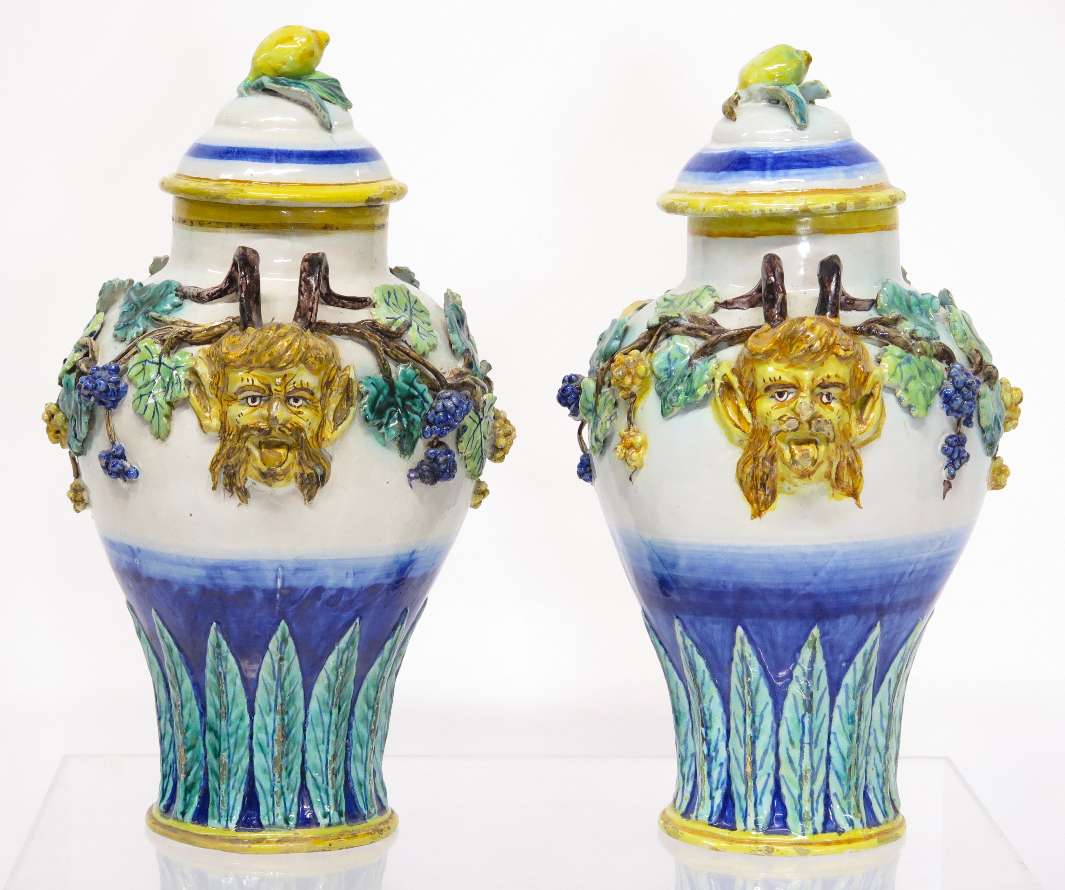 Pair of Beautifully Painted Majolica Lidded Urns