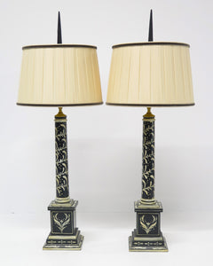 Pair of Black and White Painted Wooden Column Table Lamps