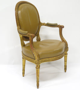 Louis XVI-Style Carved and Gilded Leather Fauteuil