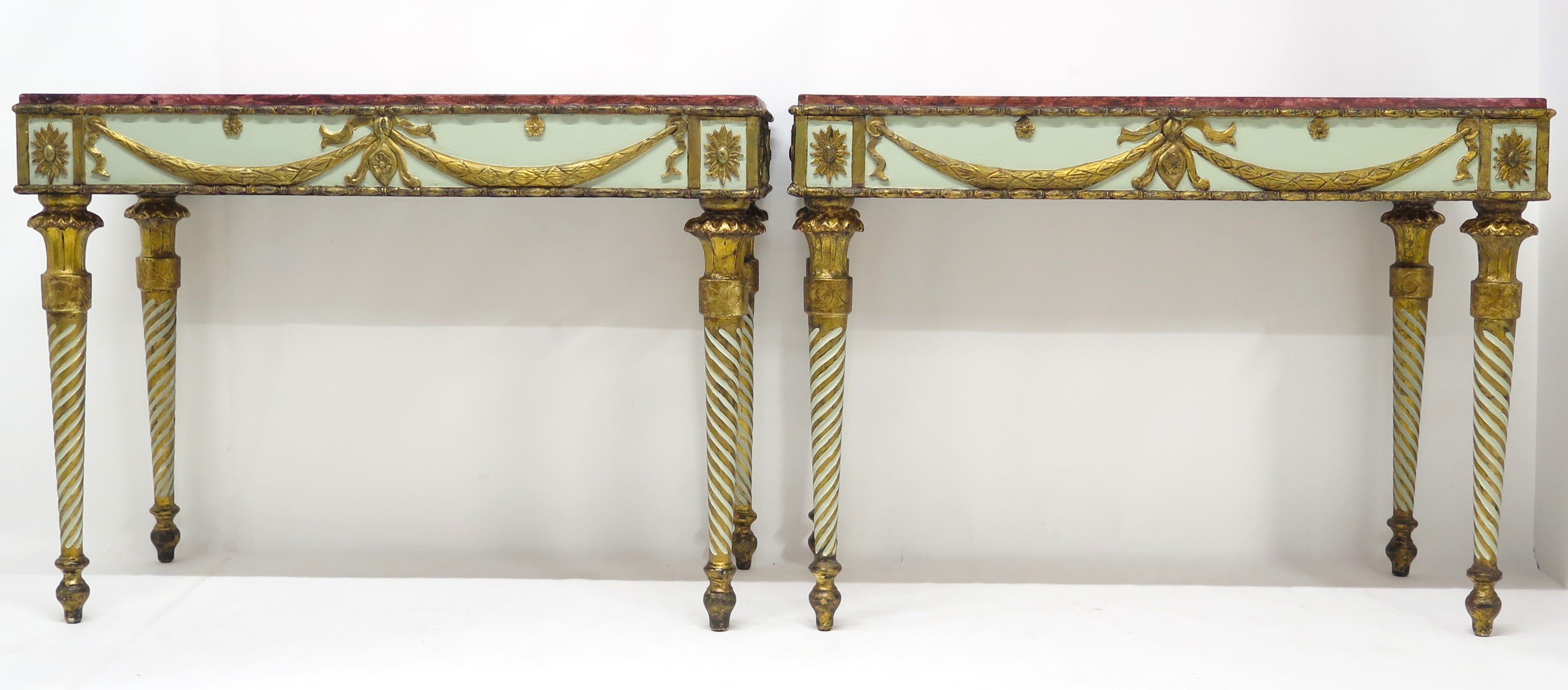 Neoclassic Style Painted Console Tables with Faux Marble Tops