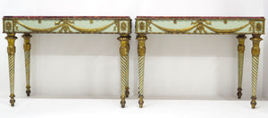 Neoclassic Style Painted Console Tables with Faux Marble Tops