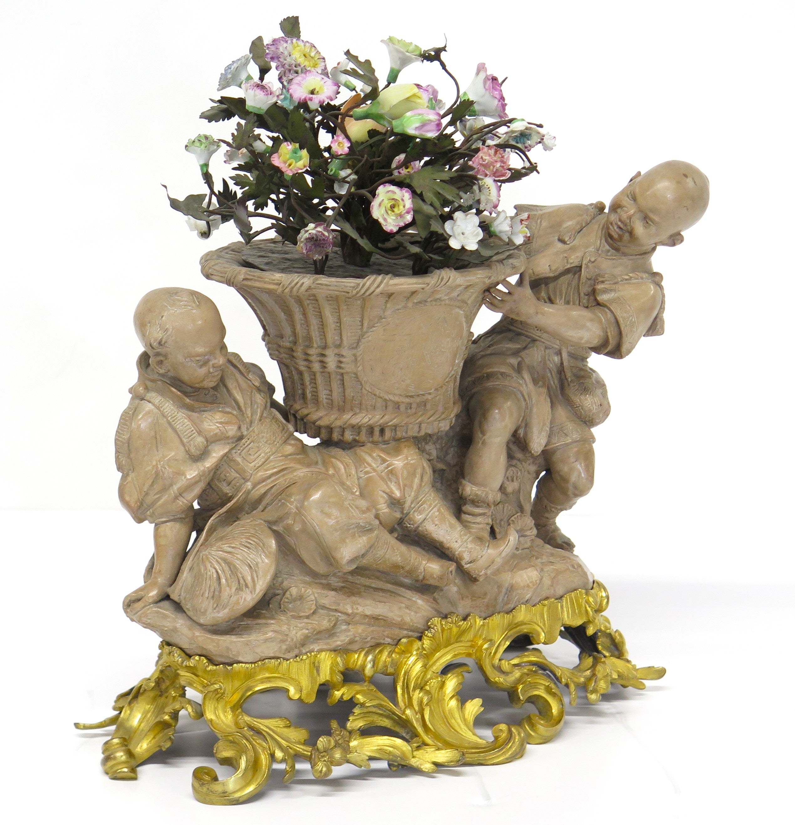 A Louis XV-Style Ormolu Mounted Terracotta Tôle Painted and Porcelain Centerpiece