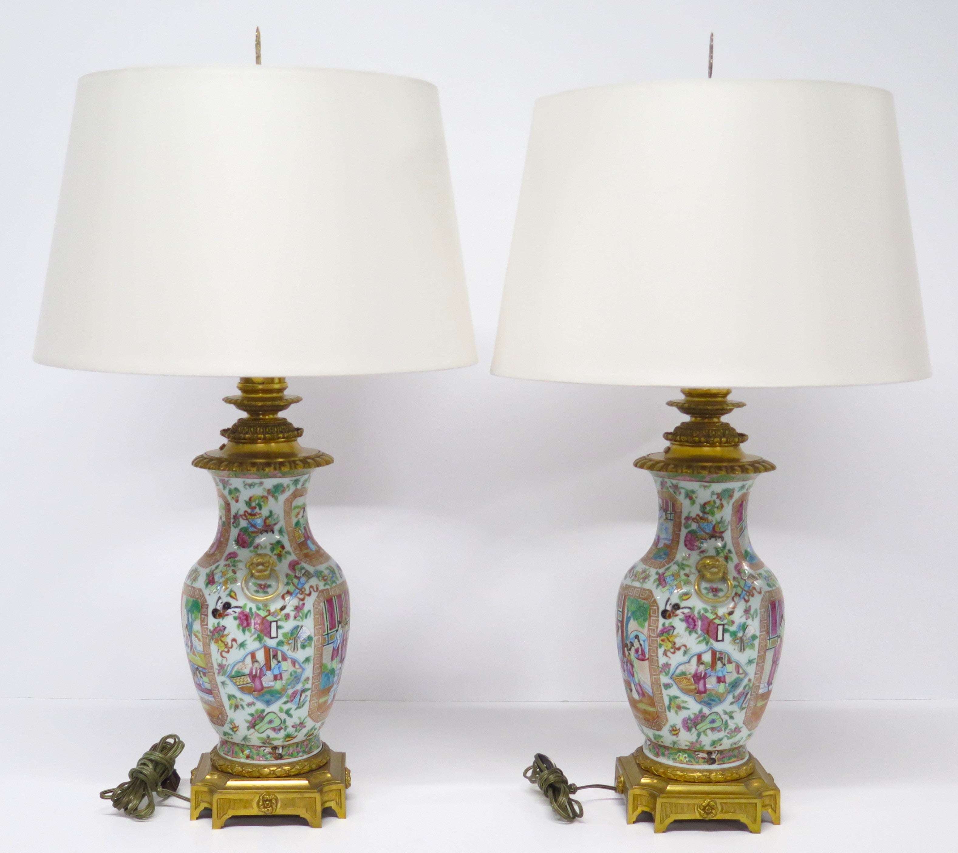 Pair of Chinese Rose Medallion Oil Lamps (Electrified)