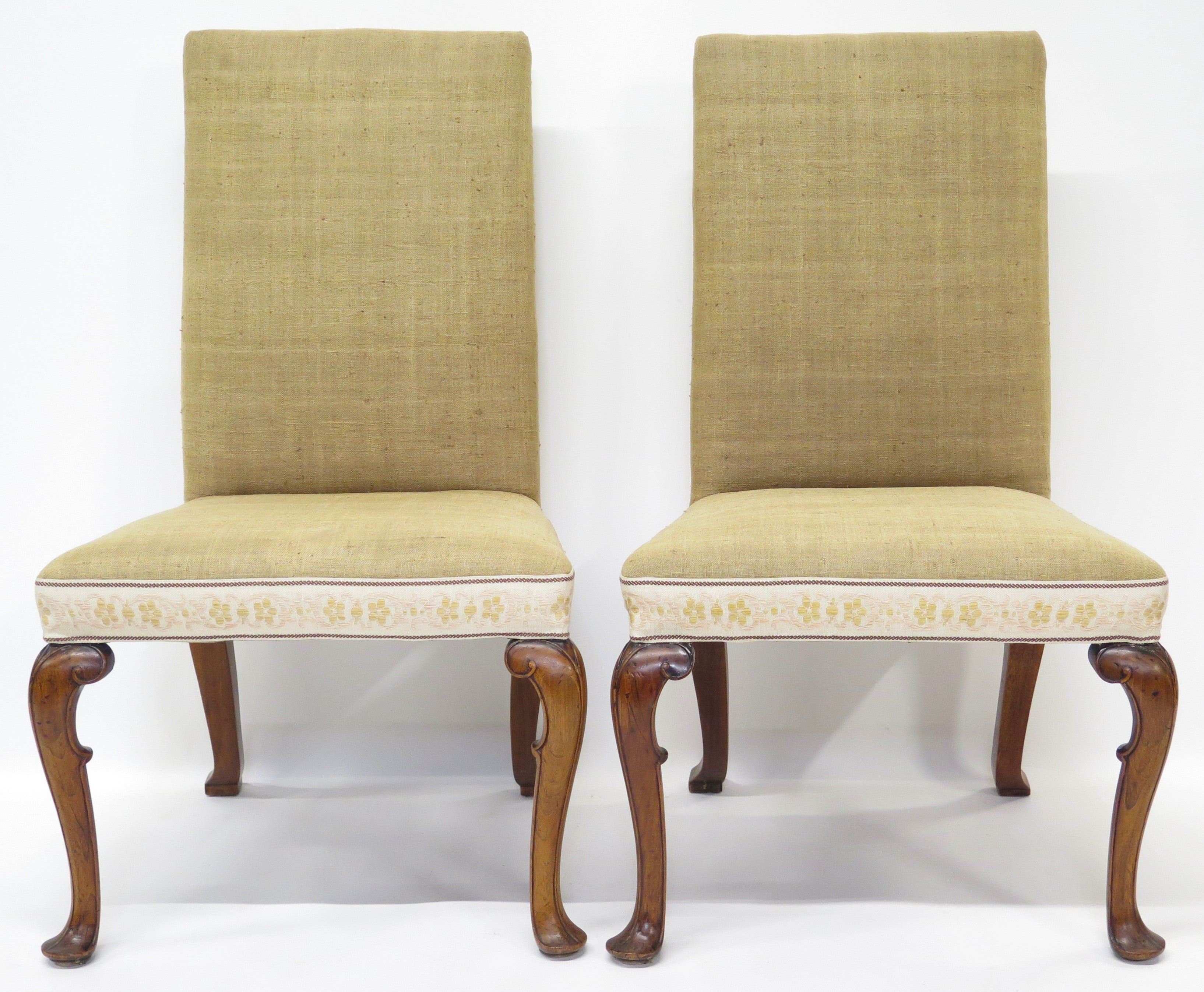 A Pair of Queen Anne Style Walnut Upholstered Backstools / Chairs