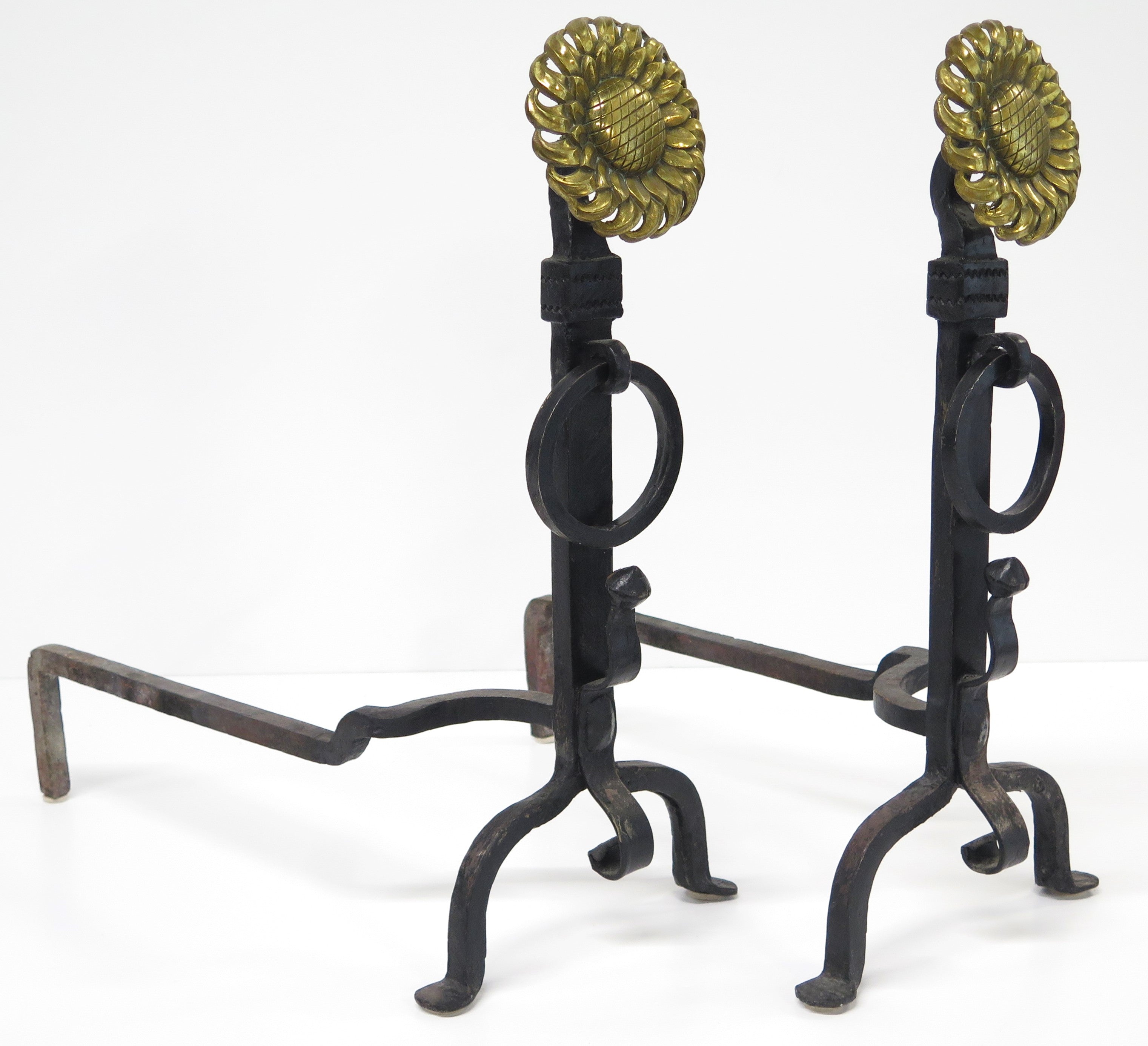 English Turn of the Century Brass and Iron Sunflower Andirons
