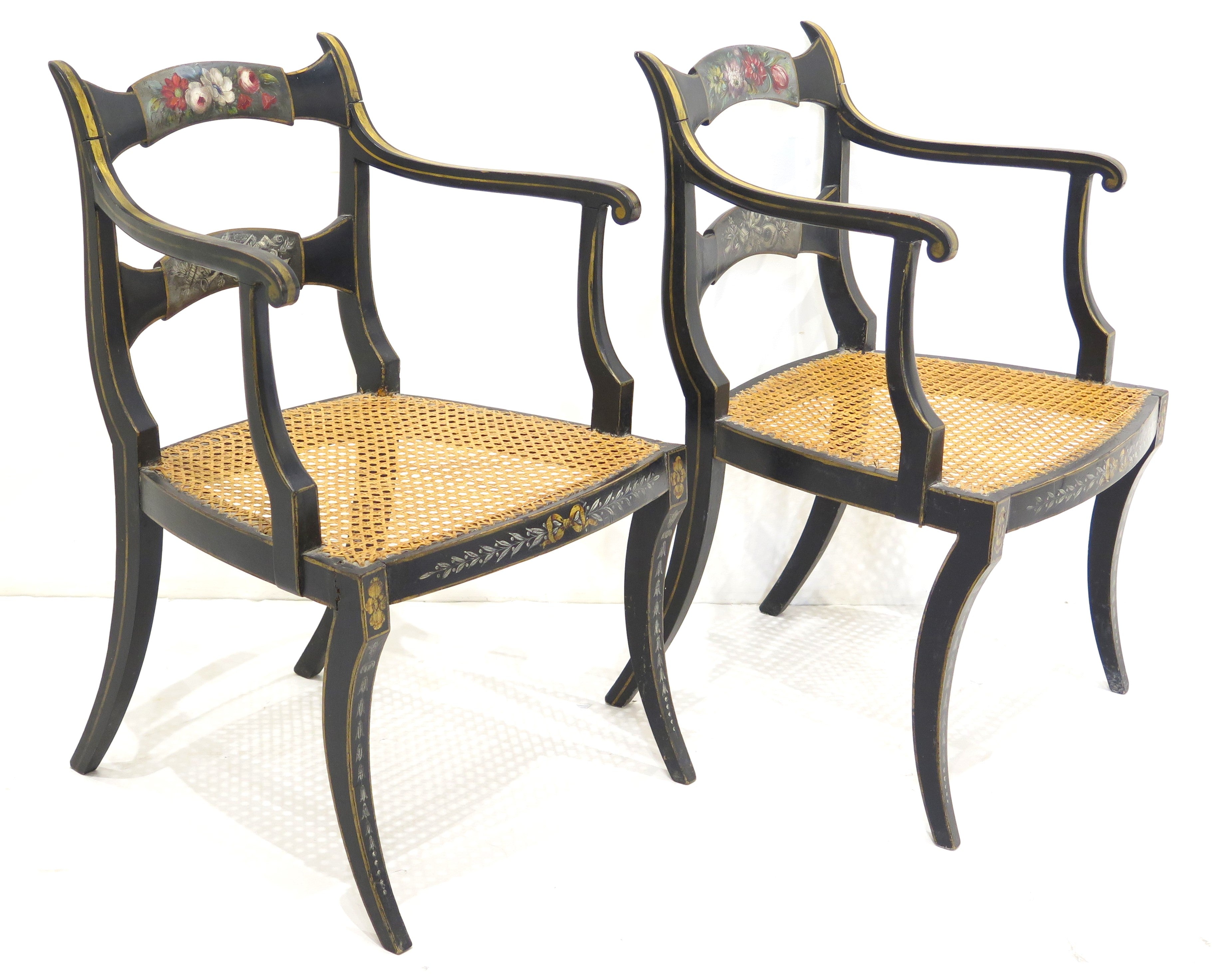 Pair of 19th Century English Black Painted Open Armchairs