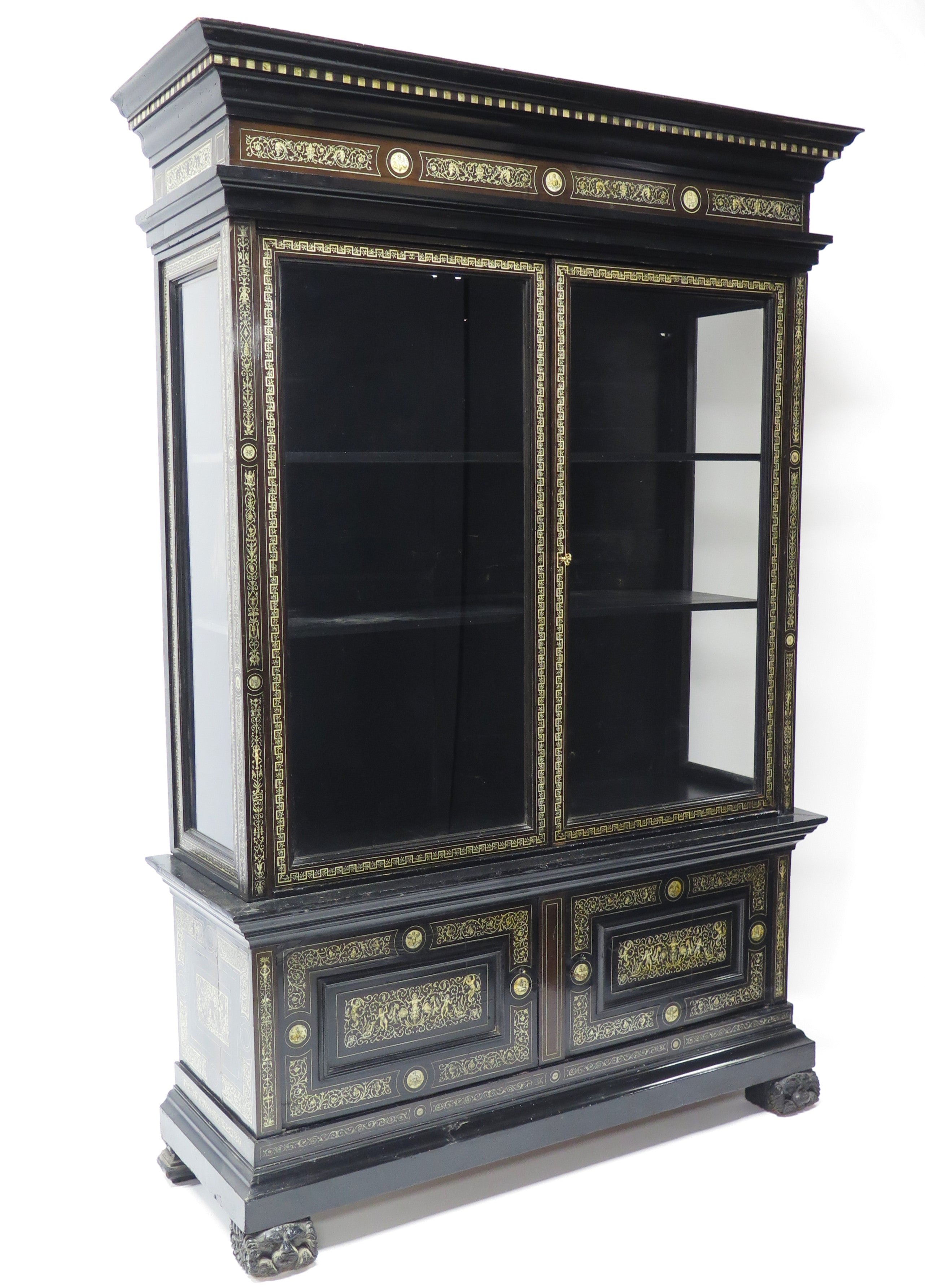 North Italian Ebonized Marquetry Inlaid Vitrine Cabinet Illuminated