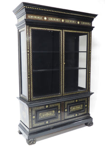 North Italian Ebonized Marquetry Inlaid Vitrine Cabinet Illuminated