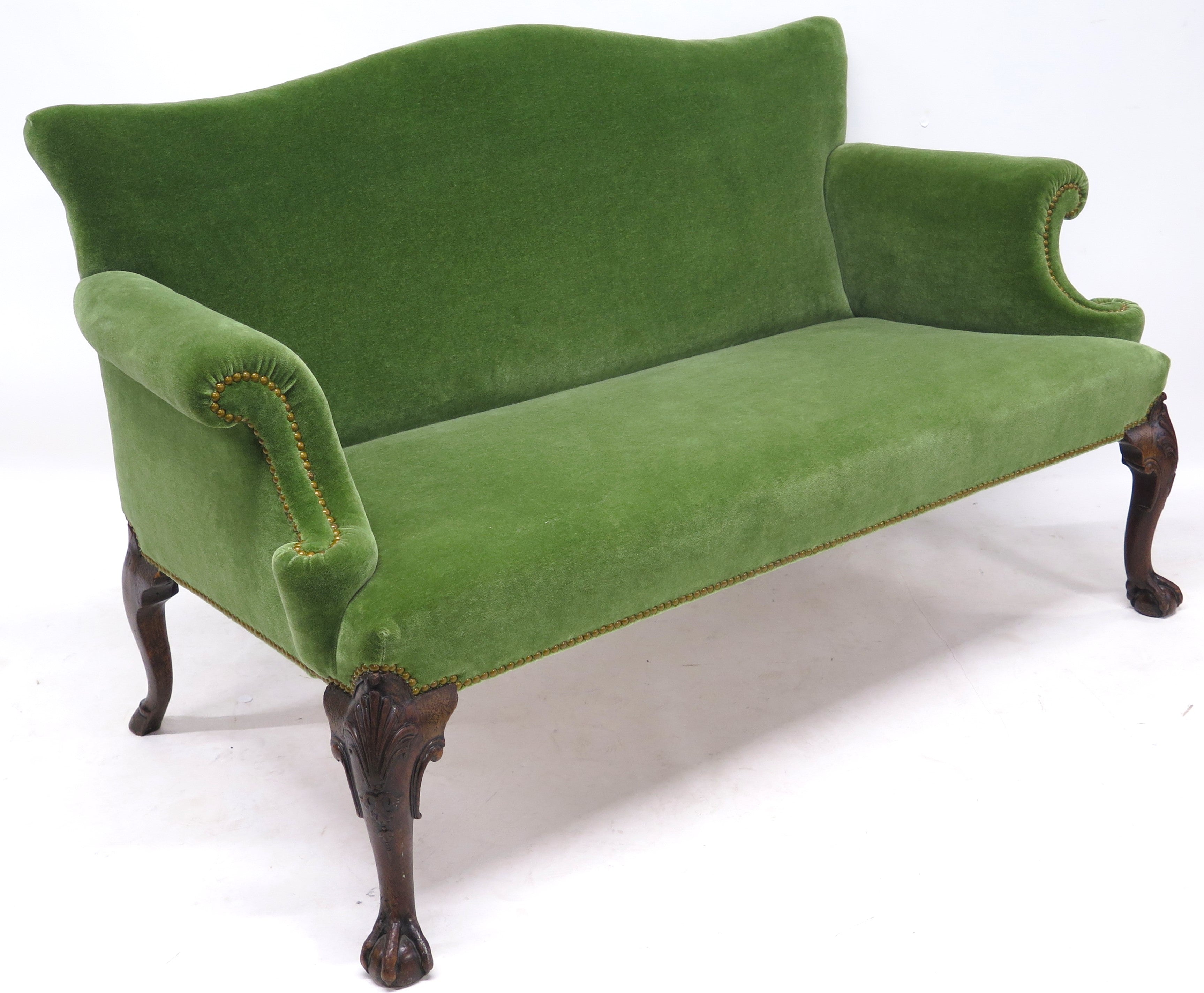 Early George II Settee, circa 1730s, in Moss Green Mohair Velvet